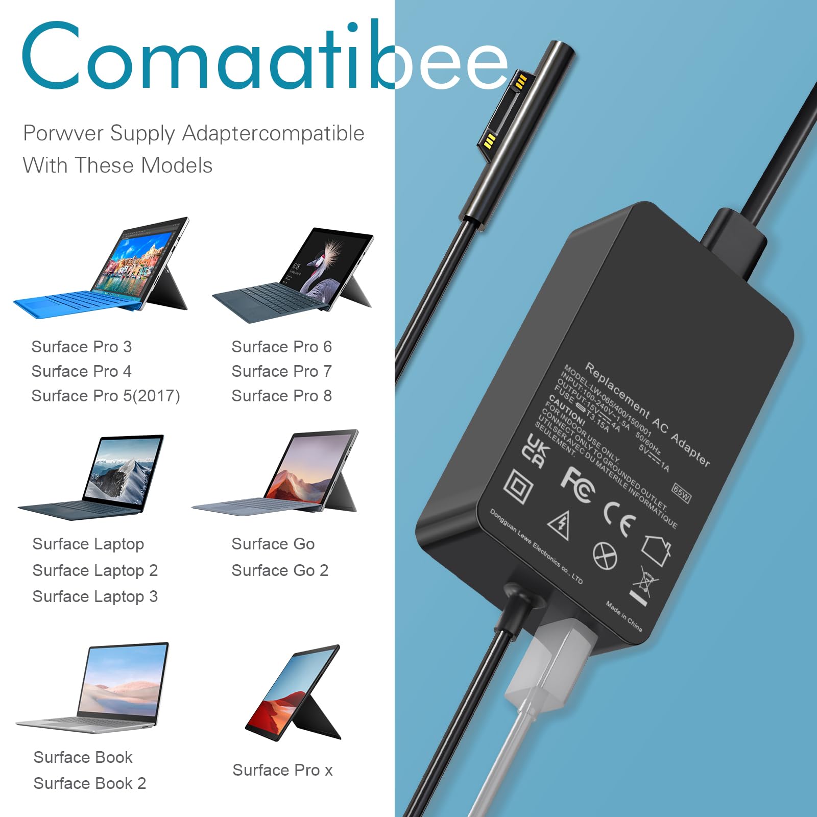 65W Microsoft Surface Pro Charger - Compatible with Surface Pro 9/8/7/6/5/4/3/X, Surface Go 3/2/1, Surface Laptop 5/4/3/2/1 & Surface Book 3/2/1 - Fast Charging Power Adapter for Home, Office & Travel Use