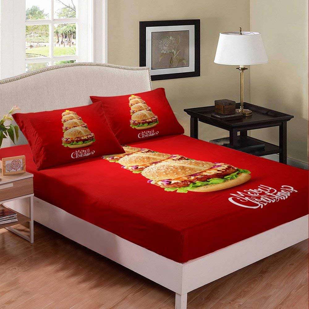Red Christmas Themed Hamburger Print Duvet Cover Set - Soft Breathable 3-Piece Queen Size (1 Fitted Sheet + 2 Pillowcases) for Teens & Kids Bedroom Decor | Perfect for Holiday Season, Birthday Gifts & Cozy Sleep