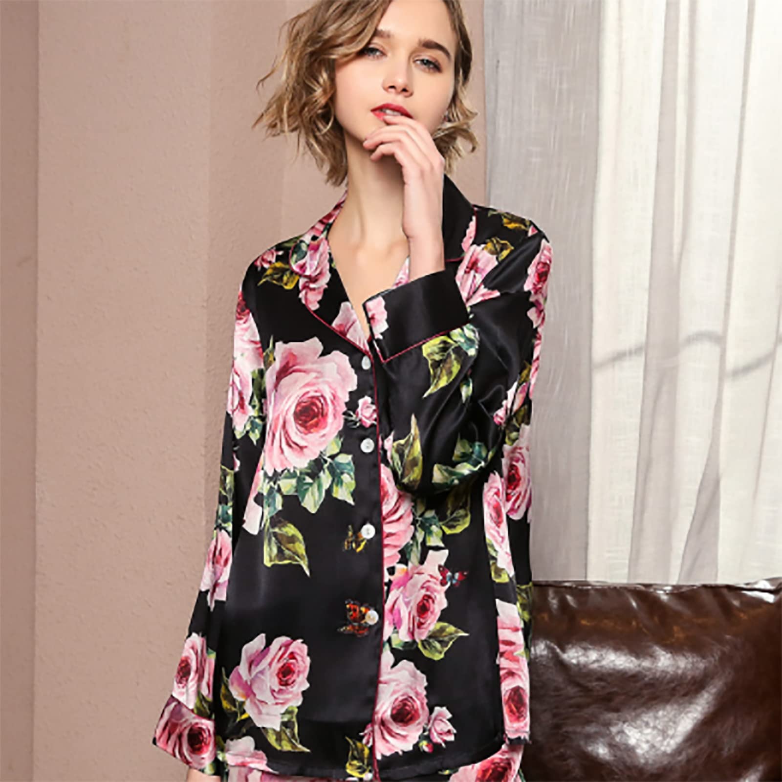 **MERCB Women's Satin Floral Pajama Set - Long Sleeve Button Down Sleepwear & Lounge Set for Ladies (Pink, Large) - Soft & Comfortable for Nighttime Relaxation & Lounging**