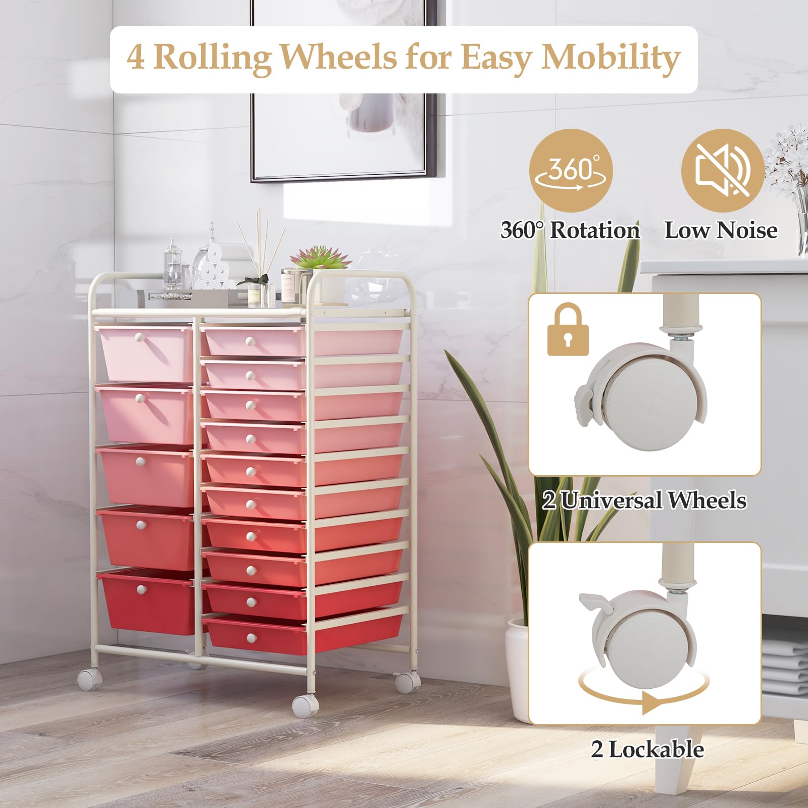 HAPPYGRILL 15-Drawer Rolling Storage Cart Organizer - Mobile Utility Cart with Wheels for Office, School, Home & Workshop - Perfect for Organizing Tools, Paper, Supplies & Stationery