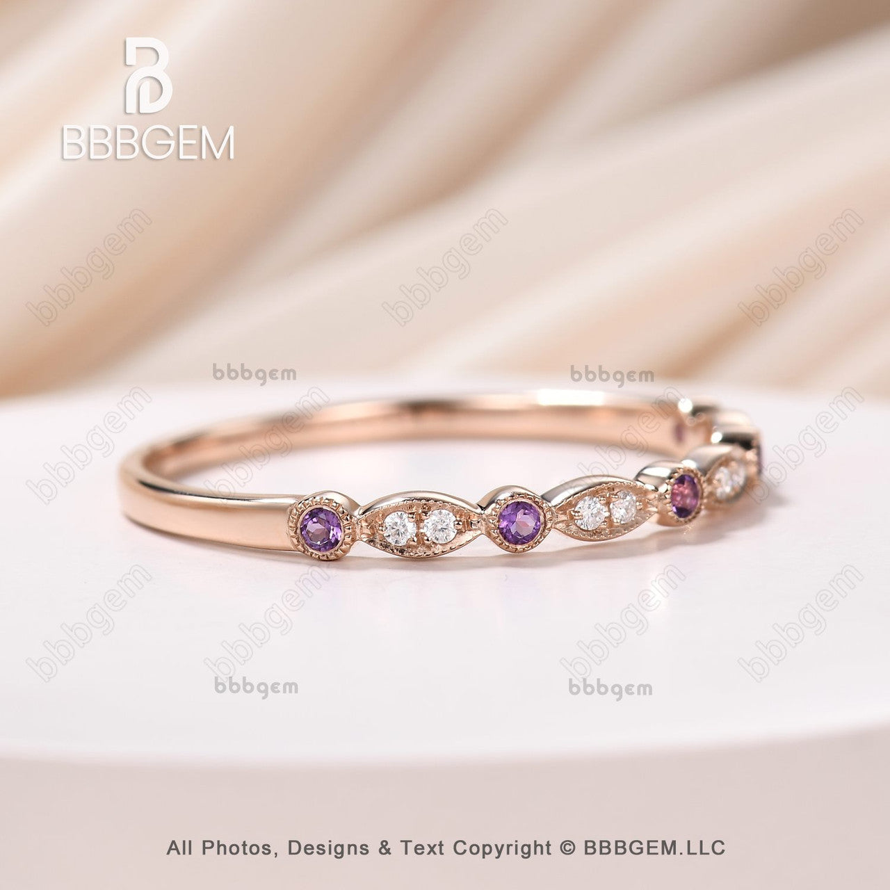 Milgrain Marquise & Dot Amethyst Moissanite Wedding Ring - 14K Rose Gold Half Eternity Band for February Anniversary, Engagement & Bridal Jewelry - Perfect for Valentine's Day Gifts, Proposals & Special Occasions