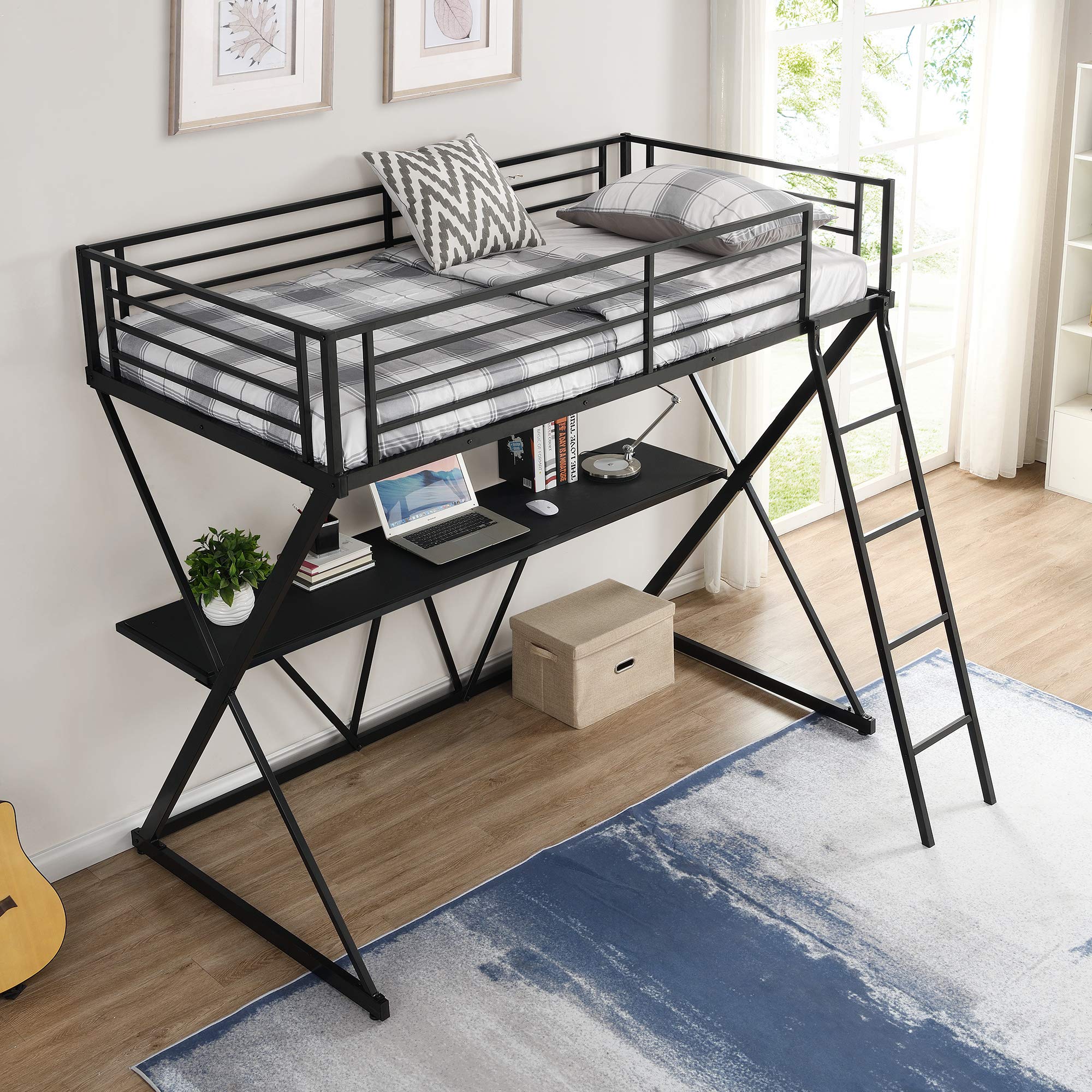 **Twin Loft Bed with Desk & Ladder - Sturdy Metal Loft Bed for Kids & Teens, Space-Saving X-Shaped Frame Design, Full-Length Guardrails for Safety (Black) - Perfect for Small Bedrooms, Dorms & Studio Apartments**
