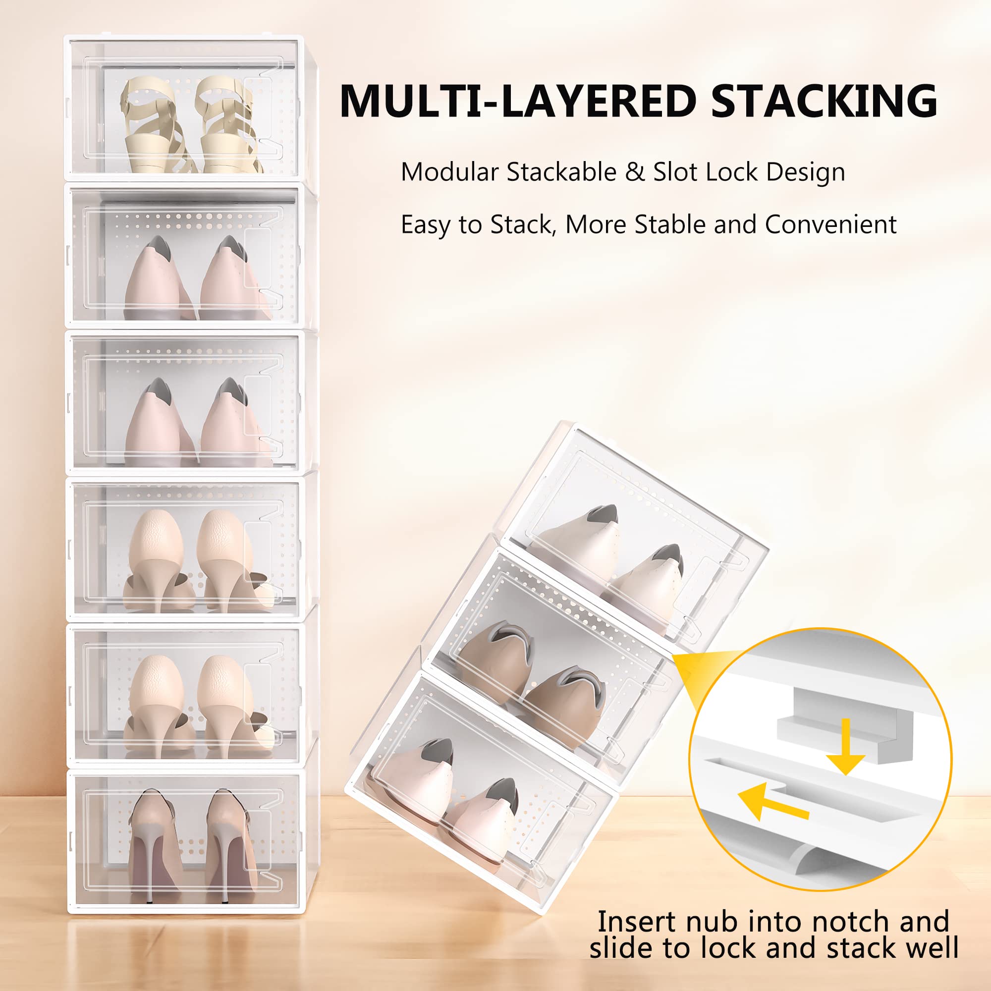 12 Pack Clear Plastic Stackable Shoe Storage Boxes with Lids - Modular Space Saving Shoe Organizer for Closet, Sneaker Display Case Bins | Perfect for Sneaker Collection, Closet Organization & Small Space Storage Solutions