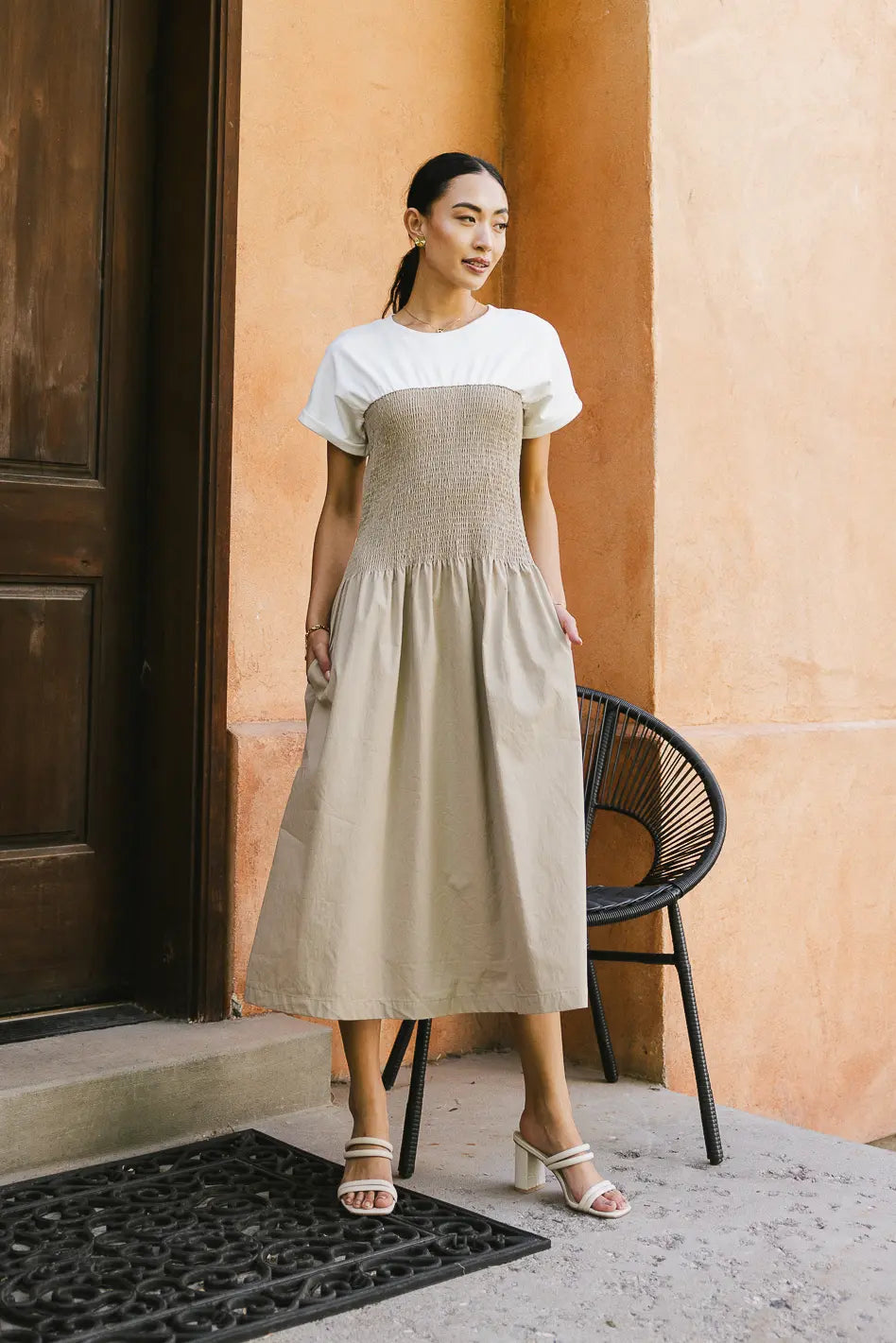 Florence Smocked Midi Dress in Taupe - Elegant Boho Summer Dress for Women | Perfect for Beach Vacations, Date Nights & Outdoor Weddings | FINAL SALE