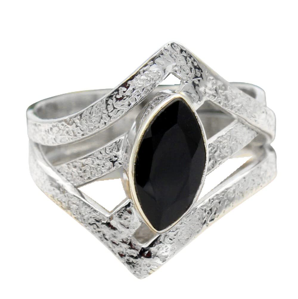 Black Onyx 925 Sterling Silver Rings for Women – Elegant Marquise Gemstone Bridesmaid Rings with Bezel Setting | Handmade Textured Jewelry for Weddings, Parties & Special Occasions
