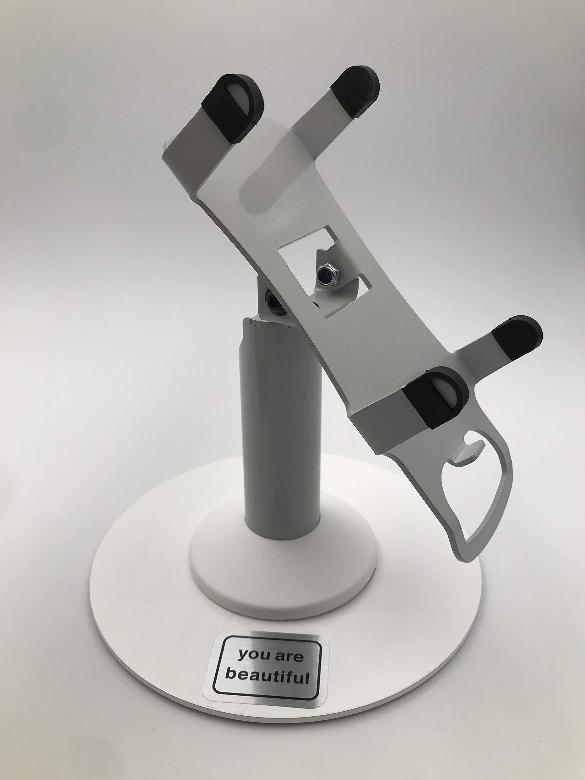 Freestanding Swivel & Tilt Pax A80 Terminal Stand with Round Base - Adjustable Height for Retail, Restaurant & Office Use - Durable Metal Construction with Decorative Stickers