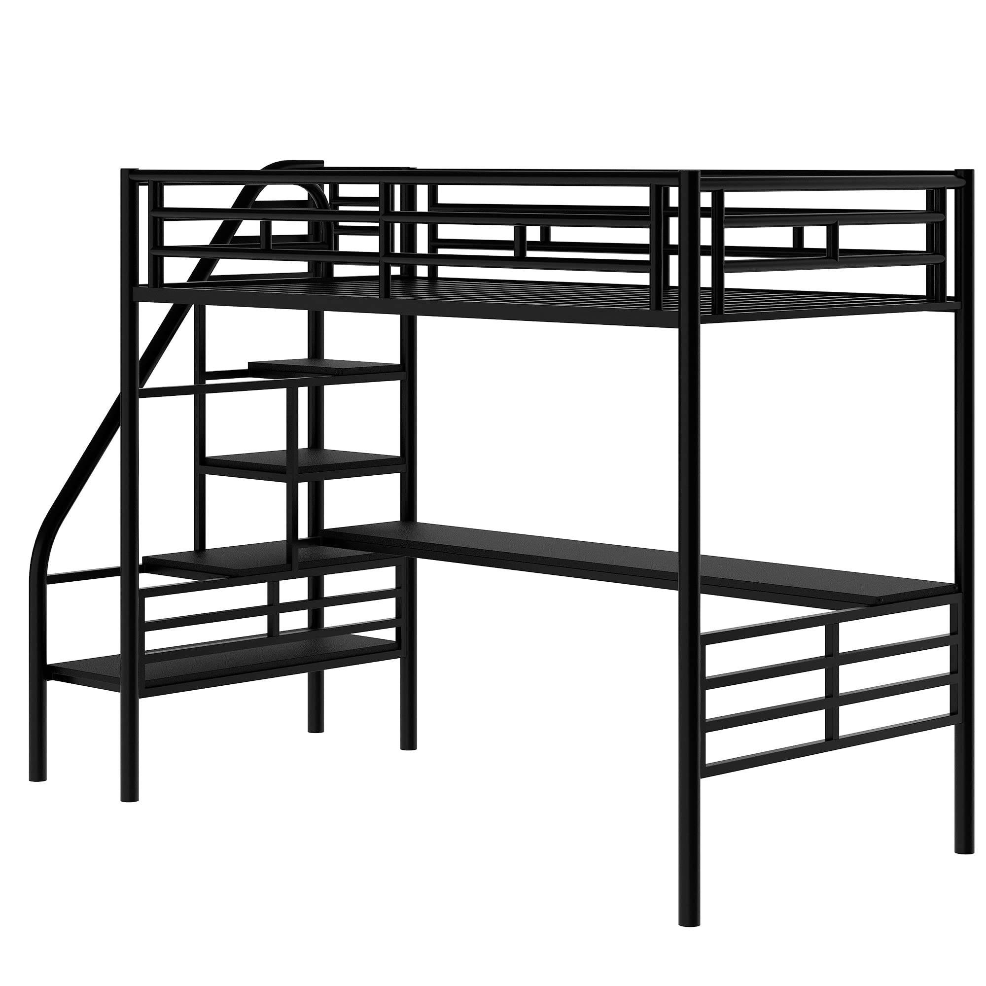 **Twin Size Loft Bed with Storage Stairs, Desk & Shelves - Heavy Duty Metal High Loft Bed with Lockers for Kids, Teens & Adults - Perfect for Small Spaces, Dorms & Apartments - Black**