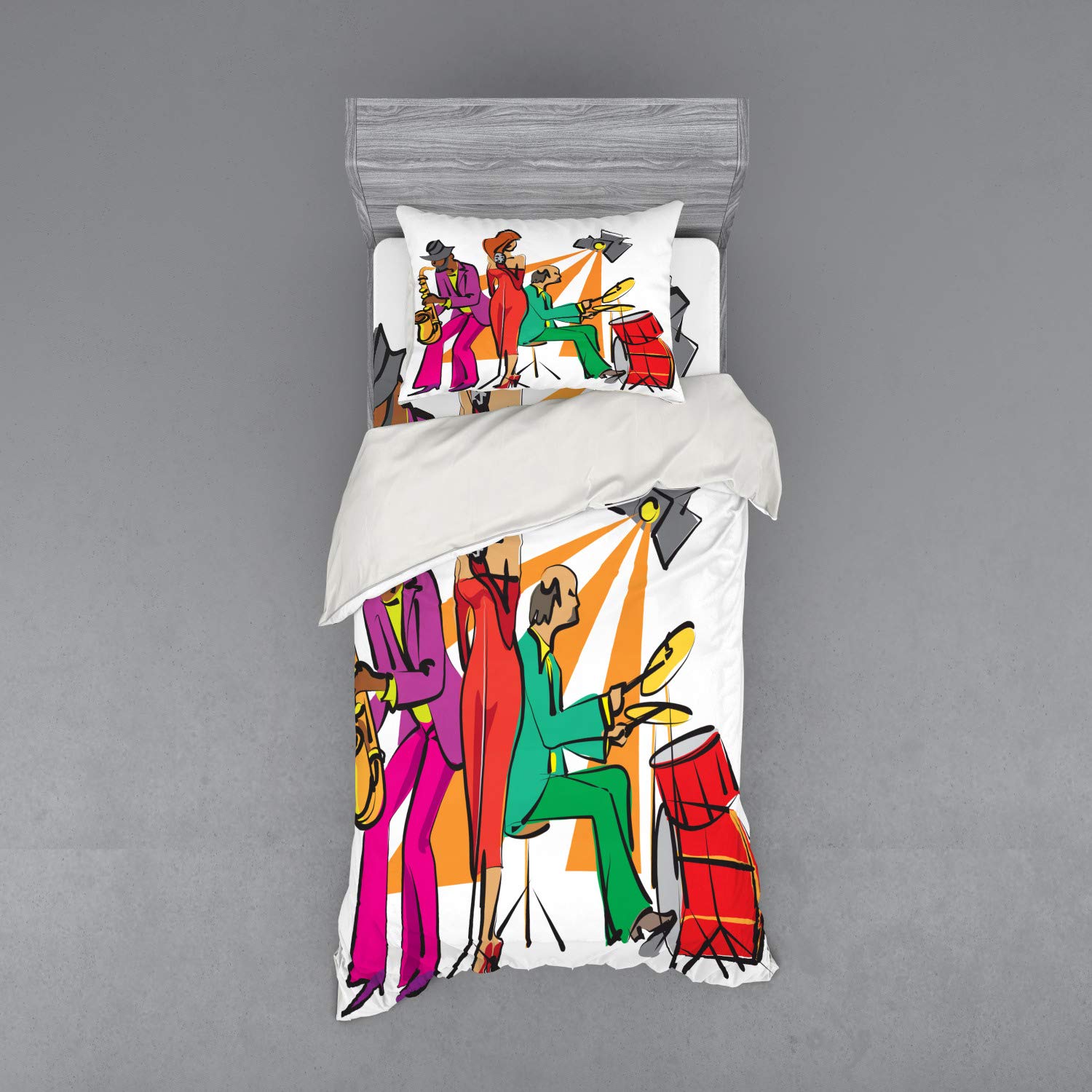 Ambesonne Jazz Band Music Bedding Set - 3 Piece Duvet Cover with Sham & Fitted Sheet, Twin Size, Vibrant Neon Art Print - Perfect for Music Lovers' Bedroom Decor & Jazz Themed Room Design