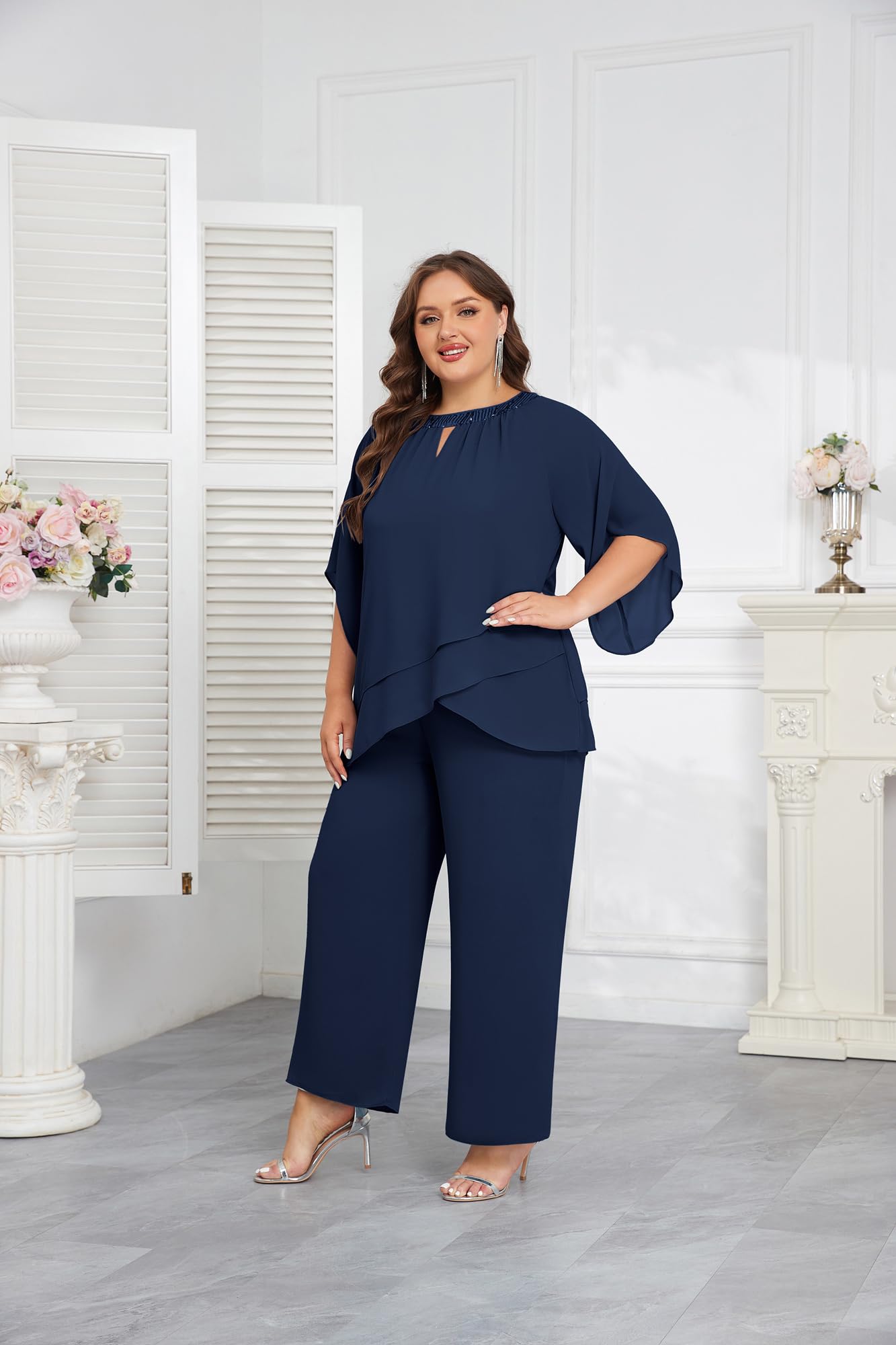 Elegant Hanna Nikole Plus Size Mother of the Bride Pant Suit - Chiffon 2-Piece Formal Outfit with Half Sleeves for Wedding Guest & Special Occasions | Perfect for Church Ceremonies, Receptions & Evening Events