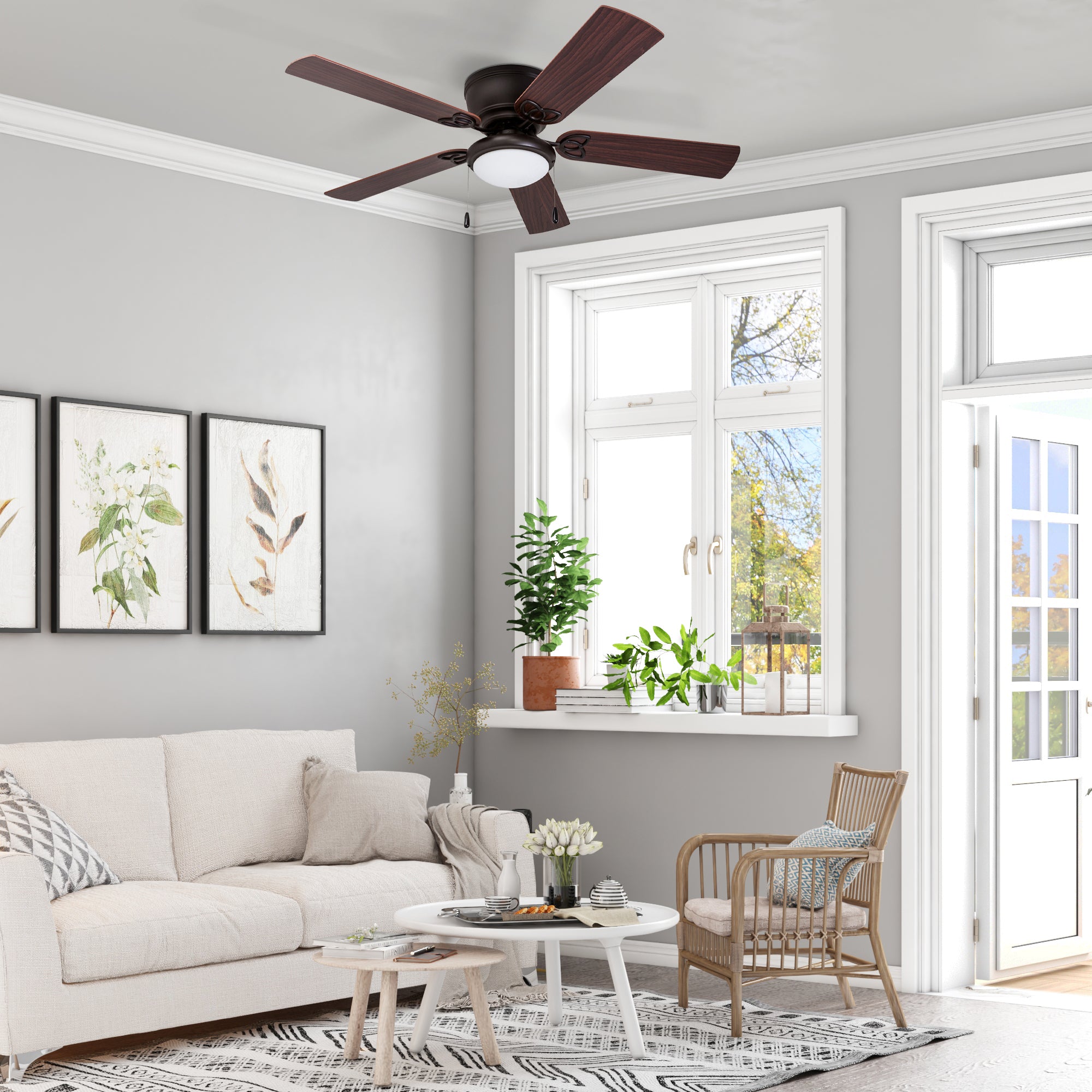 52 Inch Bronze Ceiling Fan with Pull Chain - Modern Indoor Cooling Fan for Living Room, Bedroom, and Office