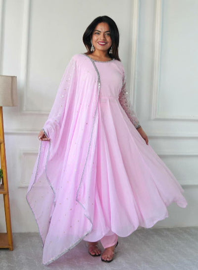 Elegant Light Baby Pink Georgette Anarkali Suit Set for Women - Perfect for Weddings, Parties & Festive Occasions
