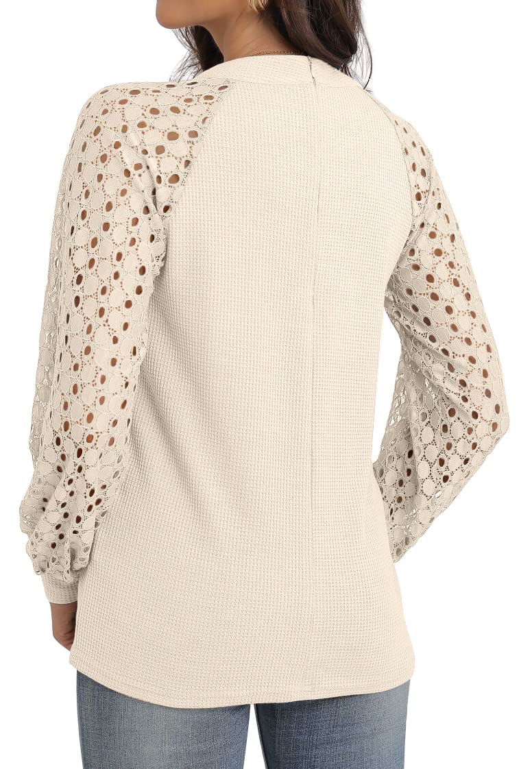 IWOLLENCE Women's Waffle Knit Blouse - Puff Long & Short Sleeve Lace Tops, Casual Loose T-Shirts for Everyday Wear, Office & Date Night Outfits