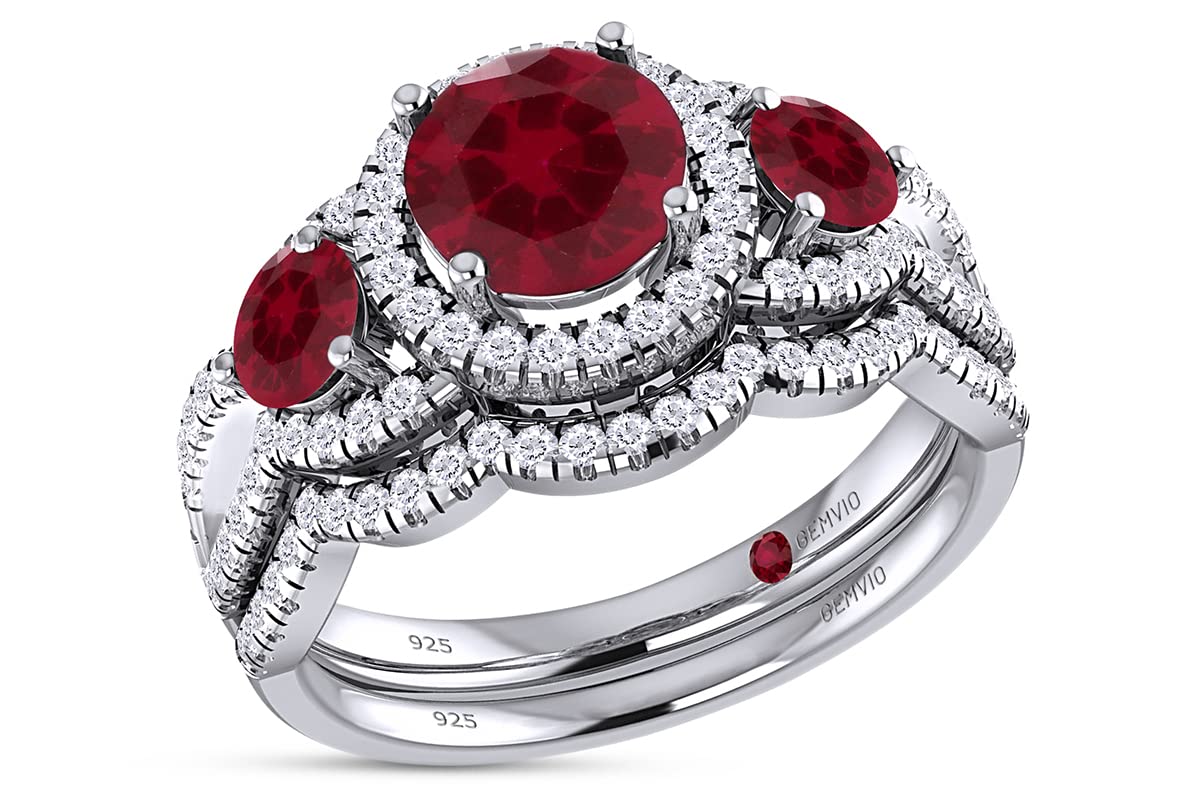 Three Stone Engagement Ring with Round Cut Gemstone & Natural White Diamond Halo - 14K Gold Over Sterling Silver Wedding Band Set | Valentine's Day, Anniversary, Proposal Gift for Her | Perfect for Bridal Jewelry, Romantic Occasions & Special Moments