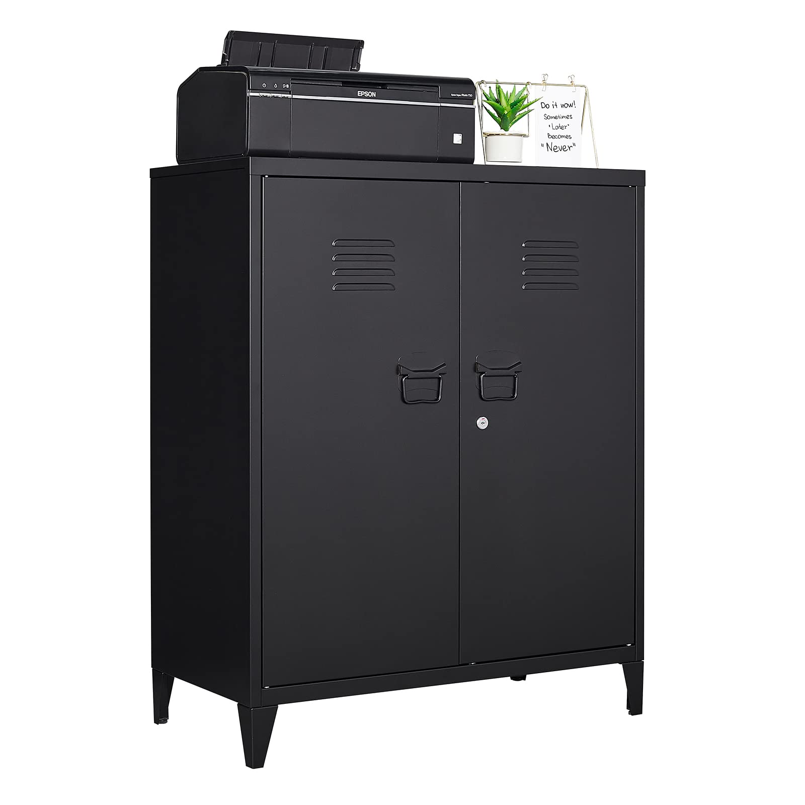 Black Metal Storage Cabinet with Doors & Adjustable Shelves - Home Office Organization Cabinet with Lock & Leveling Legs (Assembly Required) | Perfect for Office Supplies, Tools & Household Storage
