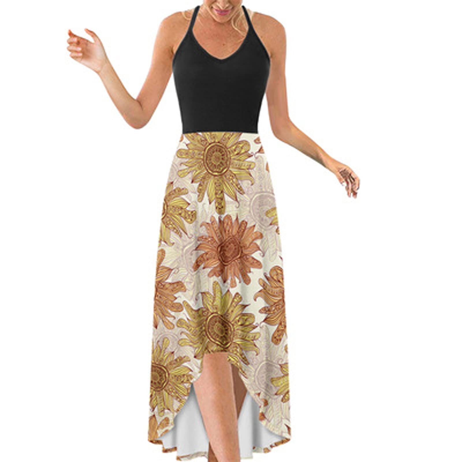 Women's Summer Maxi Dress - Sleeveless Boho Floral Print Casual Sundress, Asymmetrical Hem Beach Dress for Vacation, Pool Party & Outdoor Date Night
