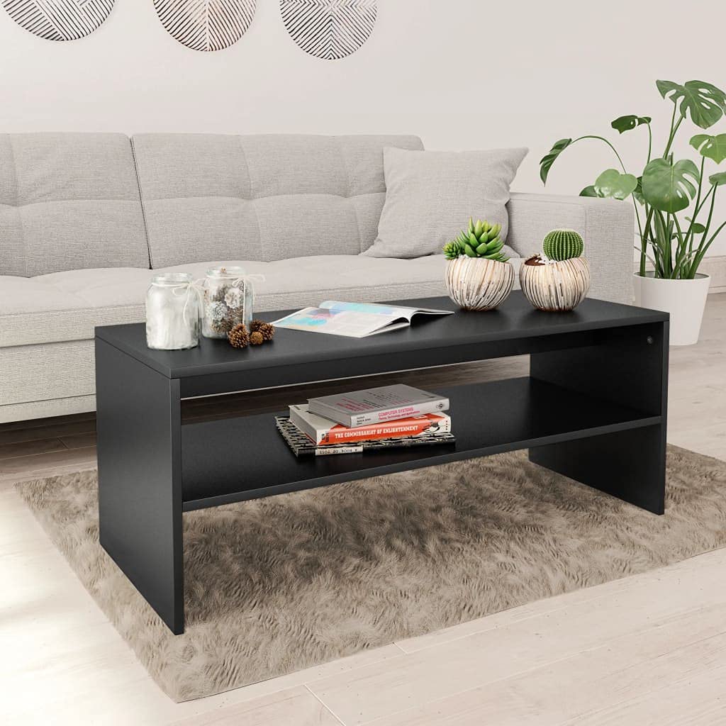 Modern Black Coffee Table with Storage Shelf - 39.4