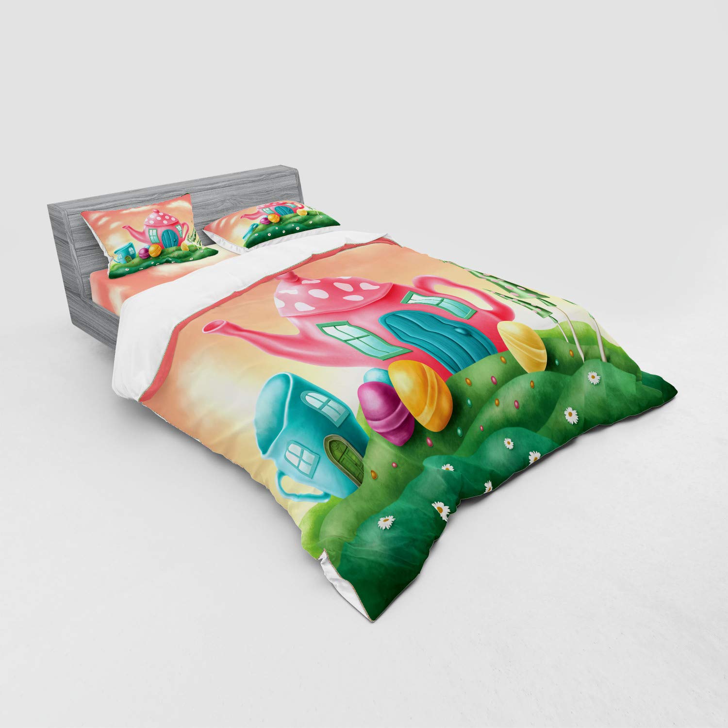 Ambesonne Fantasy Bedding Set 4-Piece - Polka Dot Teapot & Coffee Cup Design with Lollipops, California King Duvet Cover, Shams & Fitted Sheet in Fern Green & Coral - Whimsical Bedroom Decor for Teens & Adults