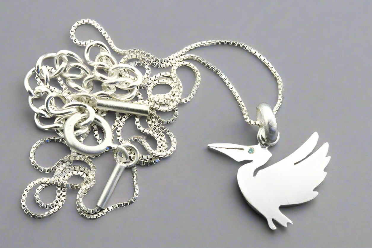 Sterling Silver Pelican Necklace with Blue Cubic Zirconia - Elegant Jewelry for Beach Vacations & Coastal Fashion
