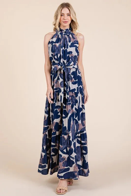 Elegant Halter Neck Tie Waist Tiered Maxi Dress for Women | Summer Beach Vacation Resort Wear | Perfect for Pool Parties, Tropical Getaways and Evening Dinners