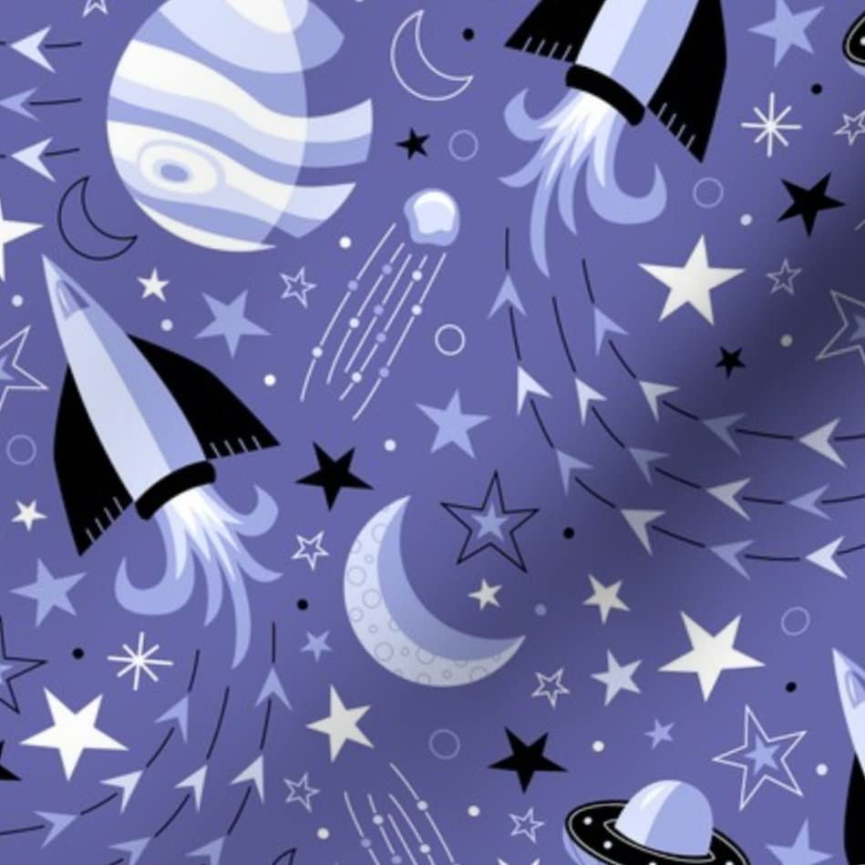 Space Star Kids Periwinkle Nerd Geek Planets Sun Printed Satin Fabric - Fat Quarter for Sewing, Lining, Apparel, Fashion, Blankets & Home Decor | Perfect for DIY Projects, Quilting, and Nursery Decor