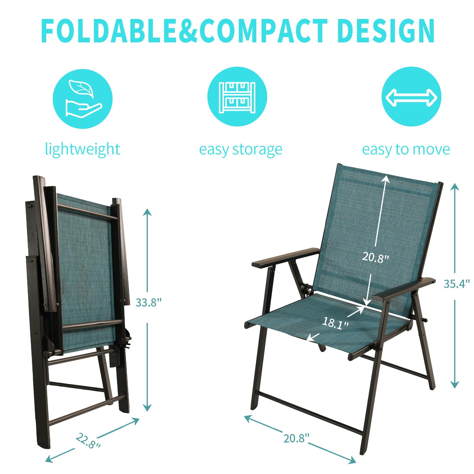 Patio Folding Chairs Set of 2 - Light Blue Outdoor Lawn Chairs with Rustproof Metal Frame, Portable Dining Chairs for Porch, Deck, Garden, Backyard, Camping | Perfect for Picnics, BBQs, Beach Trips & Outdoor Gatherings