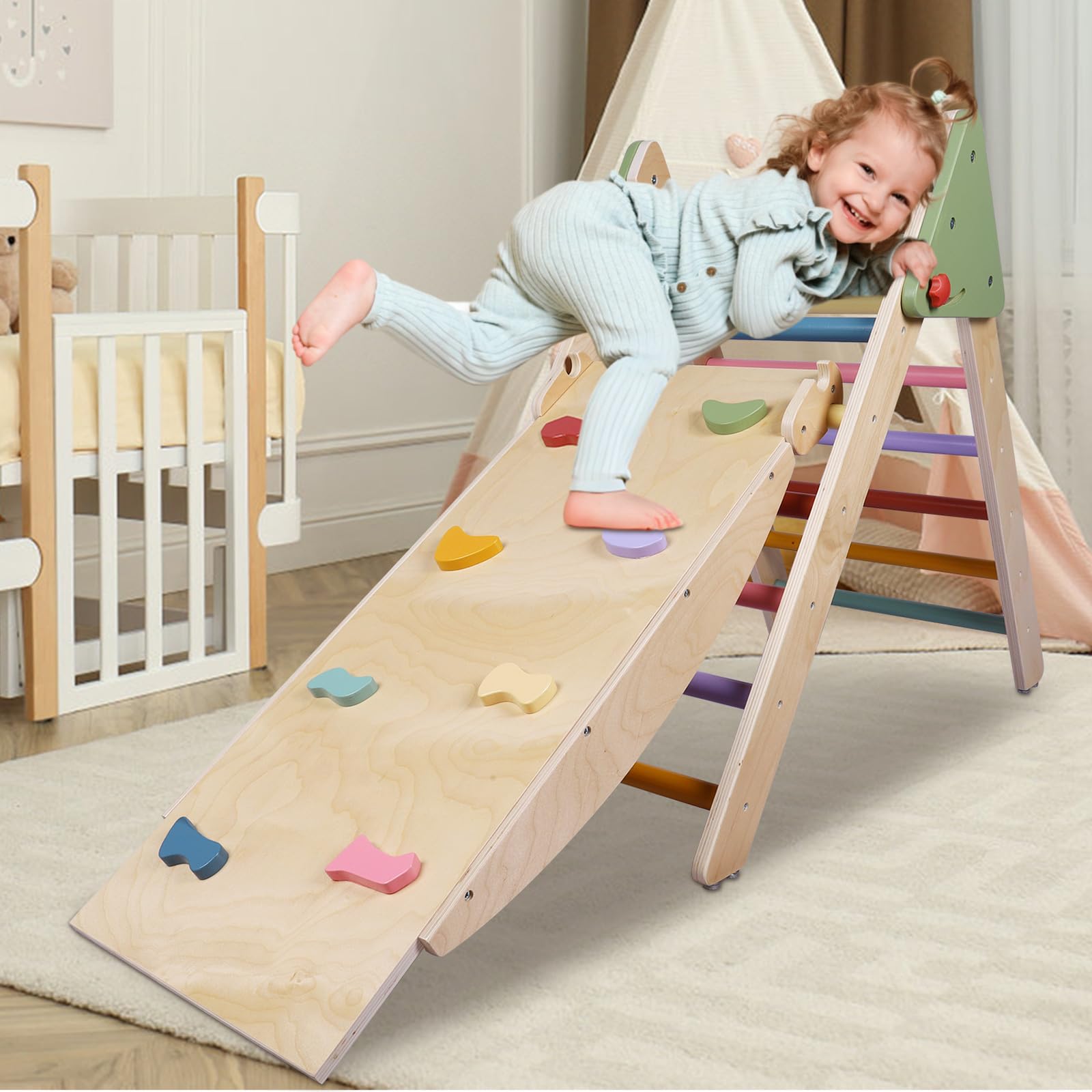 5-in-1 Montessori Wooden Climbing Set for Toddlers - Foldable Pikler Triangle, Reversible Slide & Indoor Play Gym - Safe Baby Climbing Toys for Home Playroom, Nursery or Daycare - Encourages Motor Skills Development