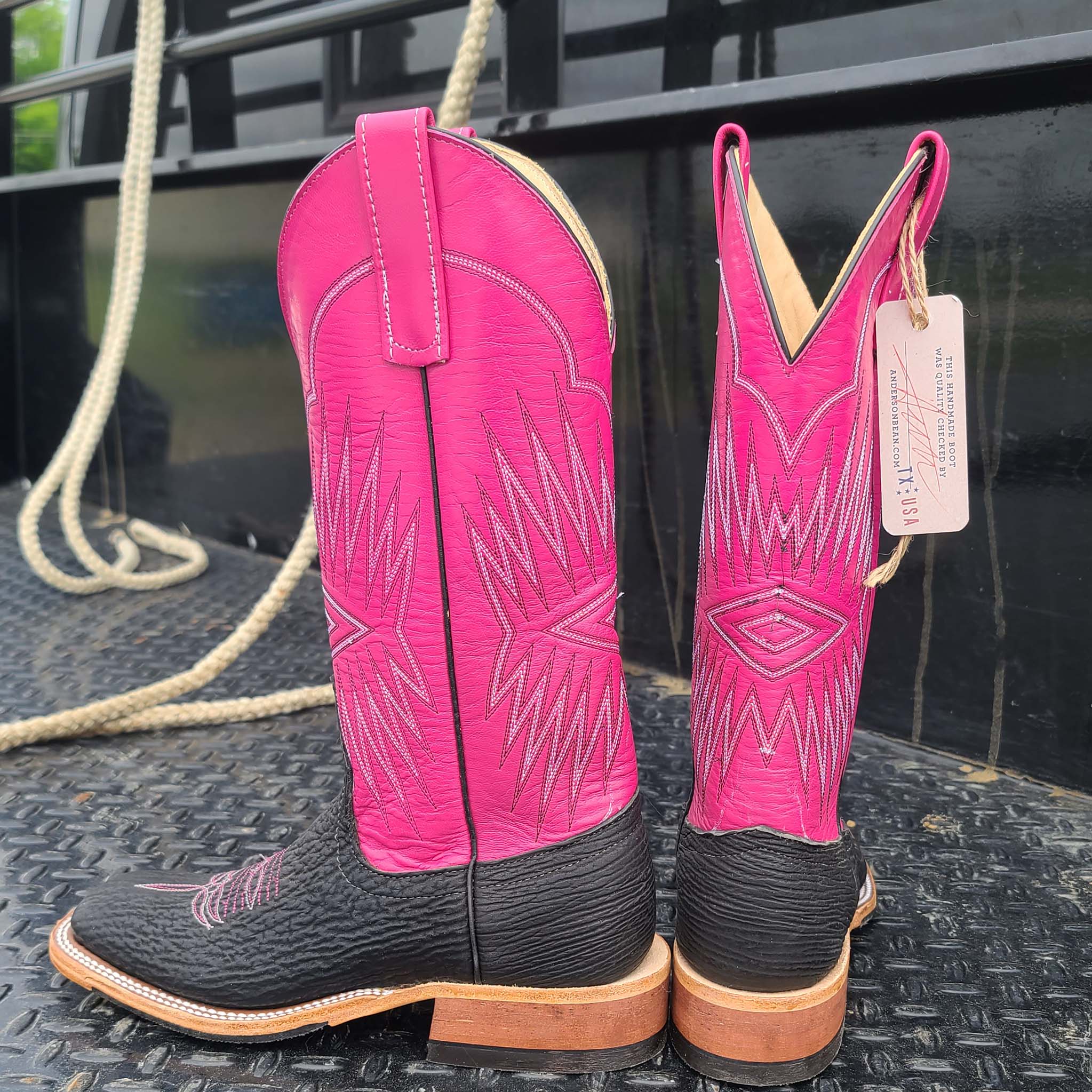 Anderson Bean Black & Pink Oiled Shark Leather Cowboy Boots - Western Style, Comfortable & Durable for Rodeo, Country Dancing & Casual Wear