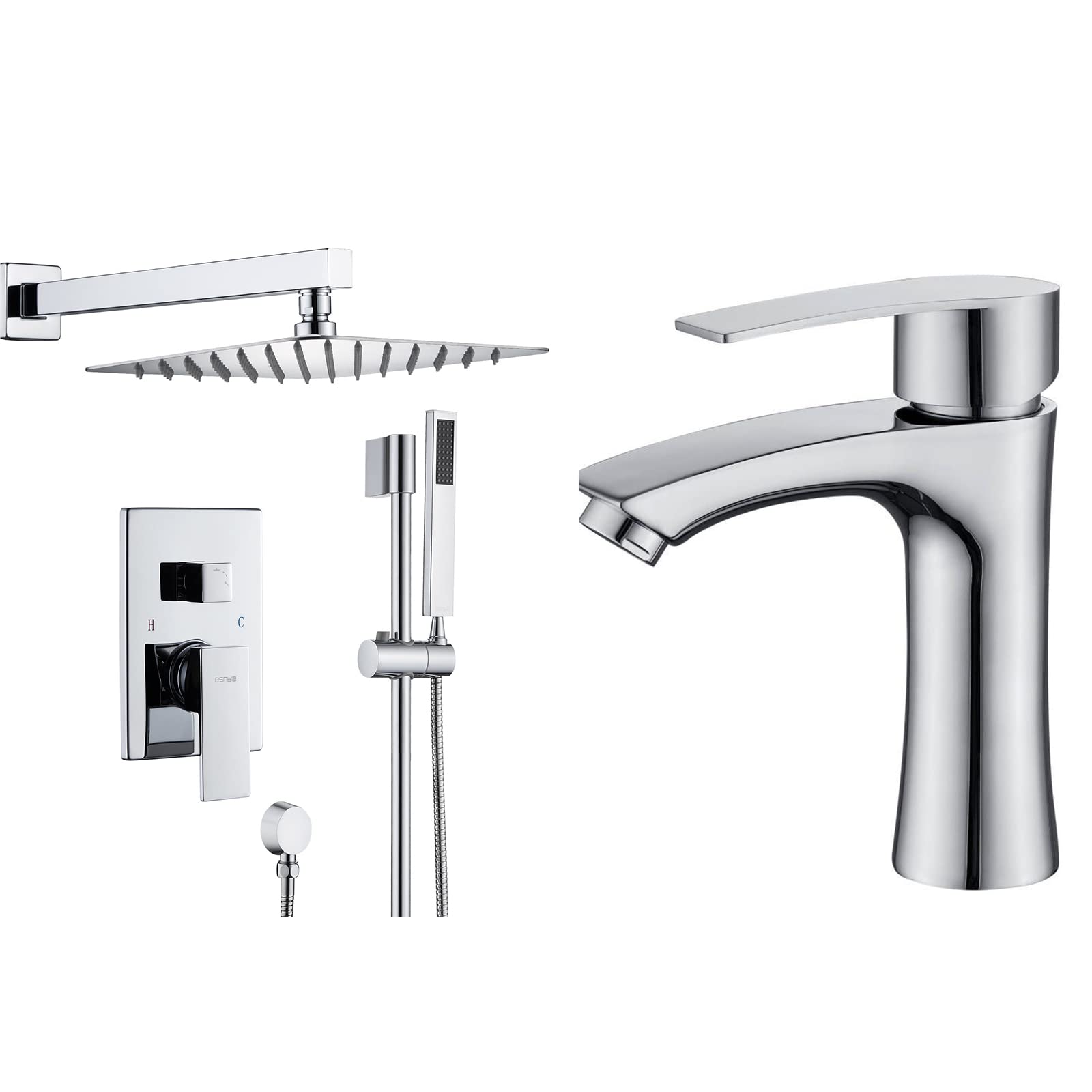 ESNBIA 10-Inch Slide Bar Shower Faucet with Valve & Stainless Steel Bathroom Sink Faucet - Chrome Finish for Modern Bathroom & Spa Experience