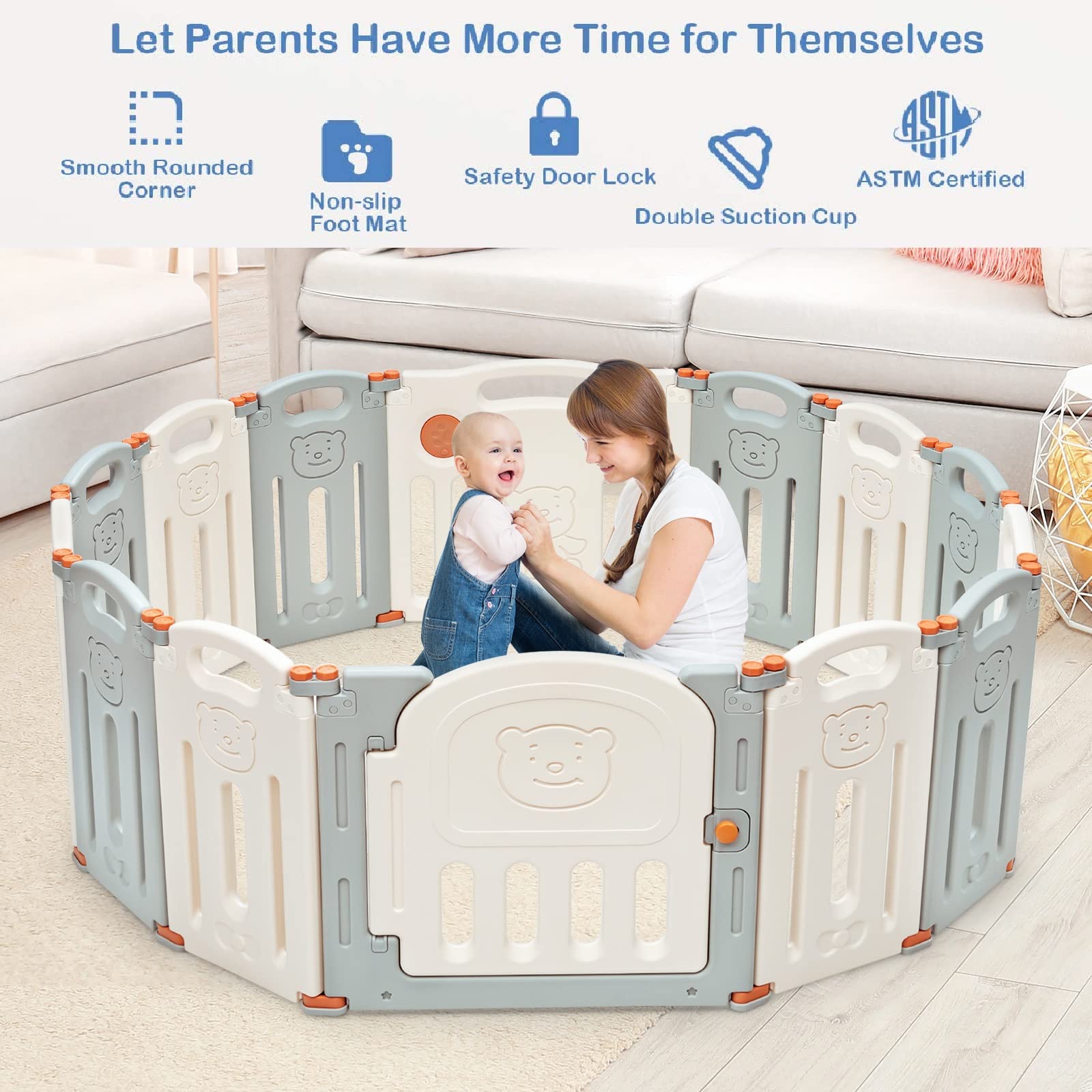 Costzon 14-Panel Foldable Baby Playpen with Locking Gate - Non-Slip Rubber Bases, Adjustable Shape Playard for Toddlers - Portable Baby Fence for Indoor & Outdoor Use (Beige & Gray) | Safe Play Area for Home, Backyard, Daycare & Travel