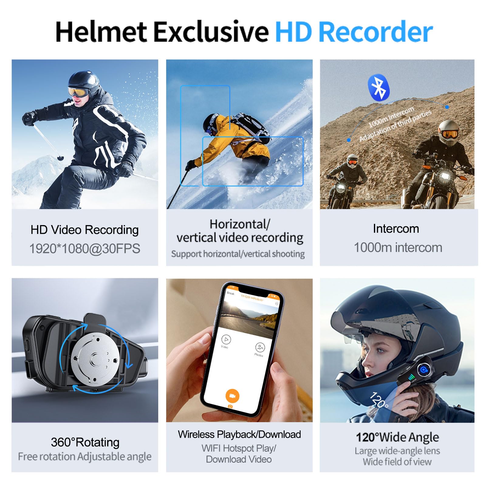Motorcycle Helmet Bluetooth Headset with 1080P HD Camera - 120° Wide Angle Wireless Recorder, 360° Adjustable, Bluetooth 5.3, Smart Noise Cancellation, IP66 Waterproof, Includes 32GB TF Card - Perfect for Riding Safety, Vlogging & Adventure Recording