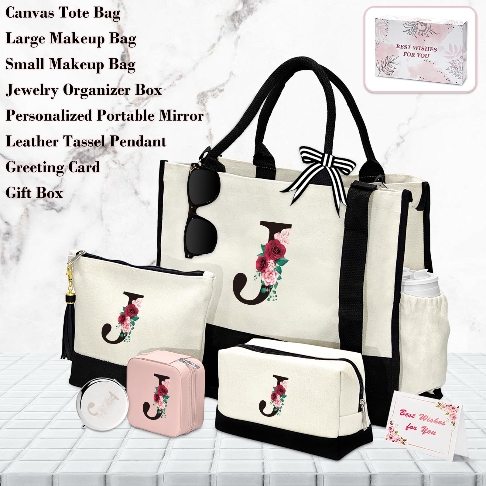 AMGKNOP Personalized Initial Canvas Tote Bag & 2 Makeup Bags Set for Women - Monogrammed Jewelry Travel Case Gift for Mom, Grandma, Teacher - Perfect for Birthday, Travel & Daily Use
