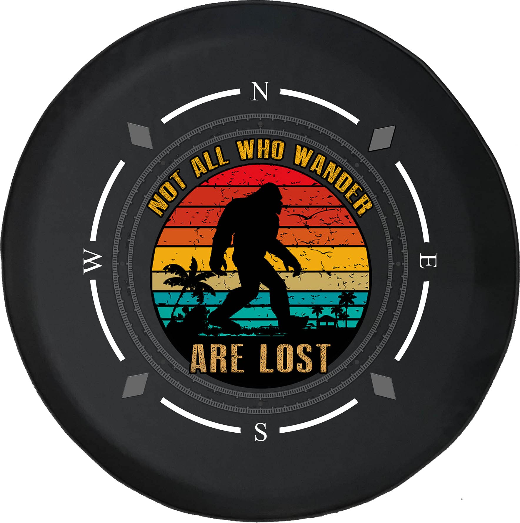 American Unlimited Spare Tire Cover with Compass Design - 'Not All Who Wander Are Lost' & Bigfoot Theme - Universal Fit for SUV, Trailer, RV & Most Vehicles - Perfect for Road Trips, Camping & Outdoor Adventures