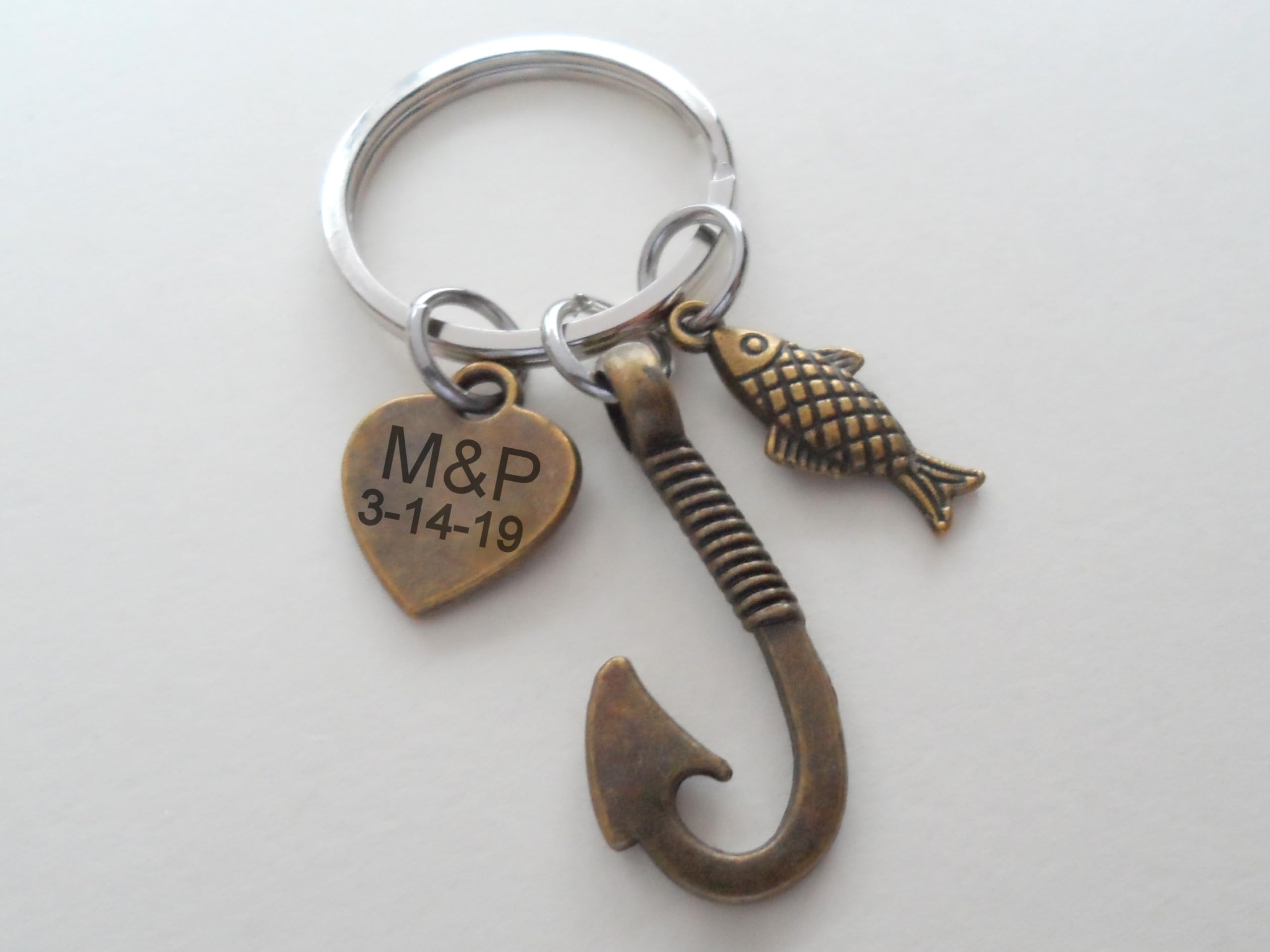 Personalized Bronze Fish Hook & Tiny Fish Charm Keychain - Custom Initials for Couples, Best Friends - Hand Stamped Anniversary Gift - Perfect for Valentine's Day, Wedding, Birthday & Friendship Gifts