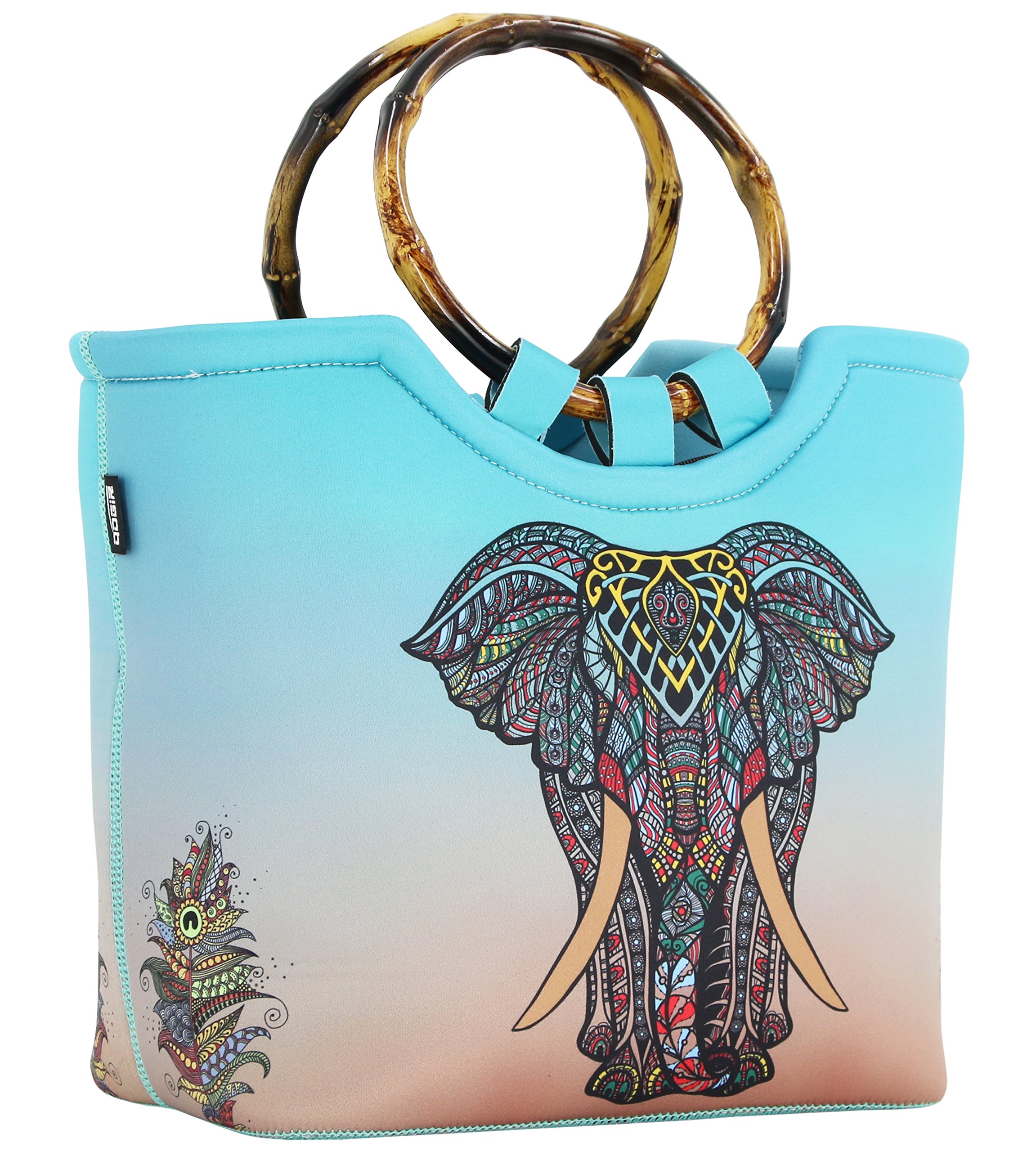 QOGiR Large Insulated Neoprene Lunch Tote Bag with Inside Pocket - Reusable Cooler Bag for Work, School & Picnic - Elephant Design Lunchbox for Adults & Kids