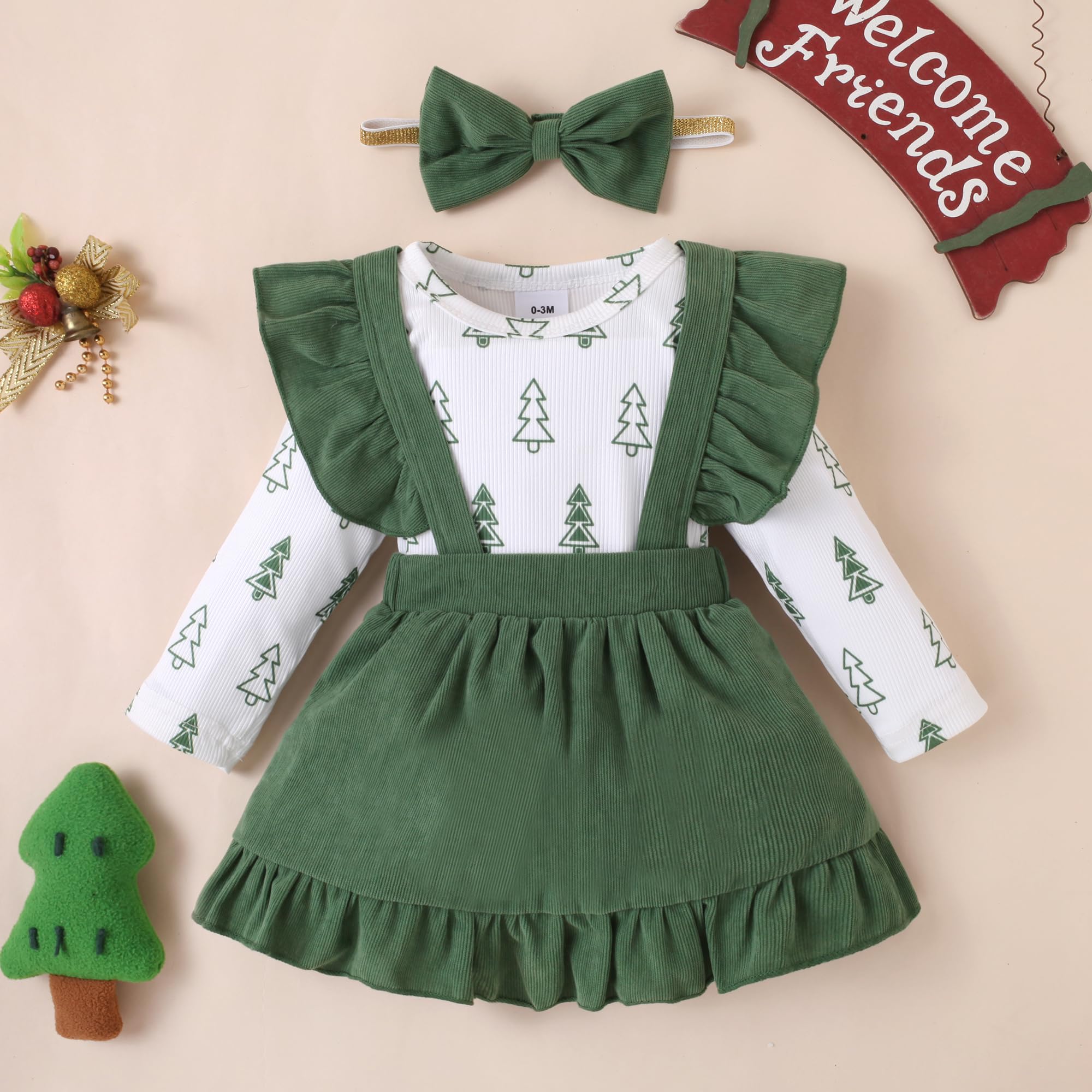 Willow Dance Newborn Baby Girl Clothes - Toddler Long Sleeve Christmas Romper with Ruffle Skirt, Overall Dress and Headband Set - Perfect for Holiday Photos, Family Gatherings & Special Occasions
