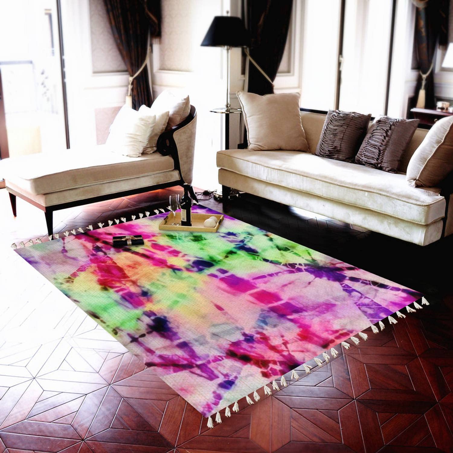 Boho Chic Tie Dye Area Rug - Handmade Linen Carpet for Living Room, Bedroom, Patio & Hallway - Soft Minimalist Home Decor - Perfect for Bohemian Style, Indoor & Outdoor Use
