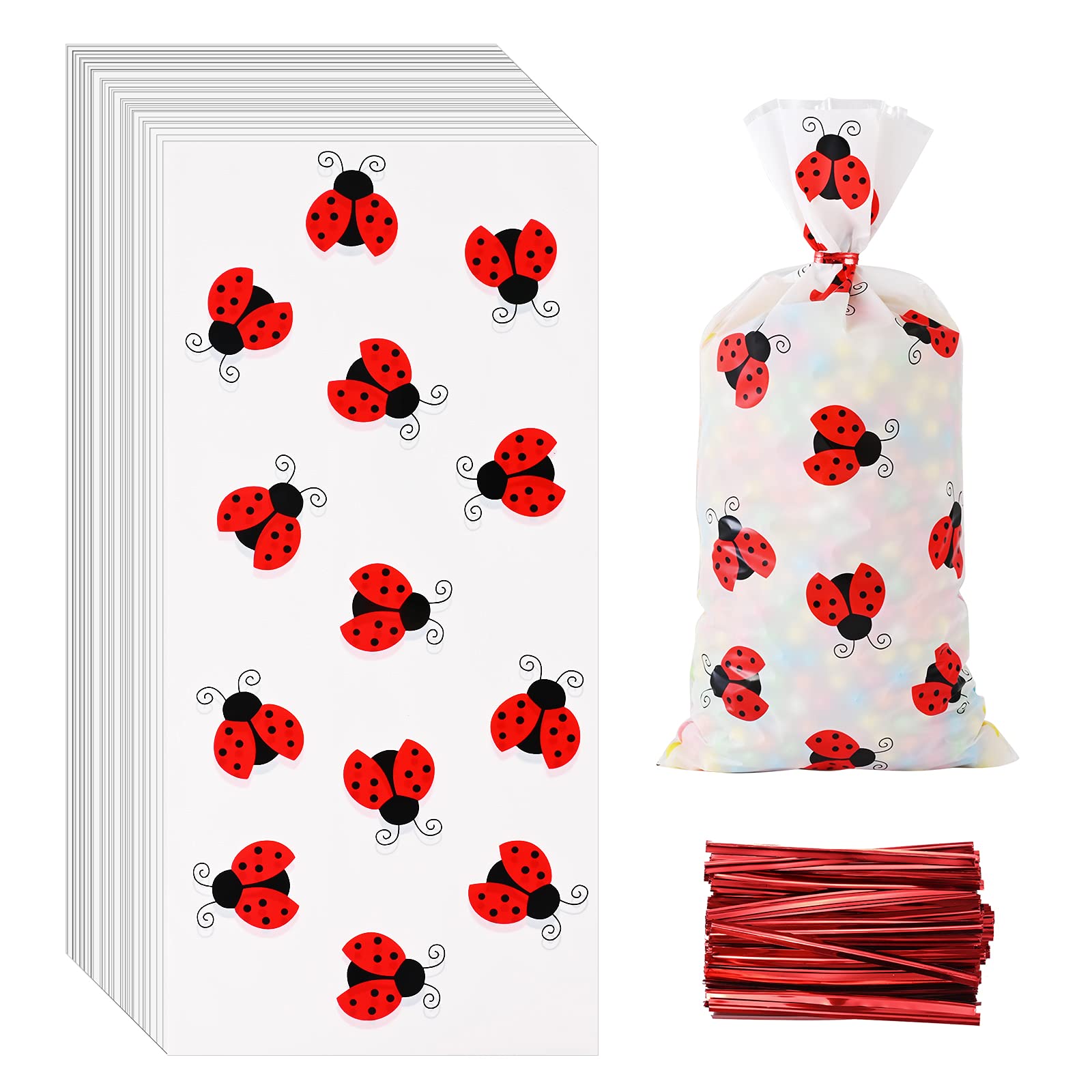 100 Pcs Ladybug Treat Bags - Red Cellophane Candy Bags with Twist Ties for Birthday Party Favors, Baby Shower, Garden Theme Decorations & Kids Party Supplies - Perfect for Ladybug-Themed Celebrations and Classroom Treats