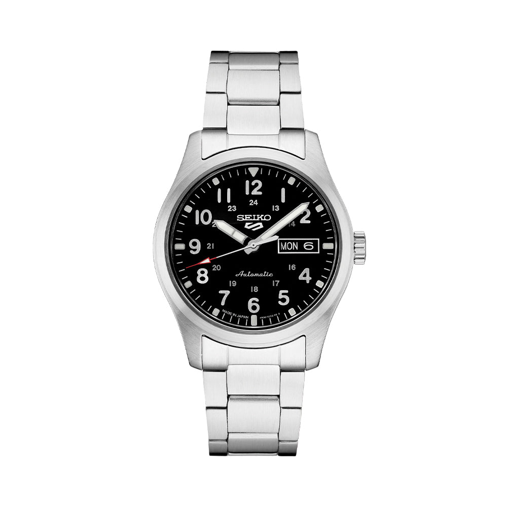 SRPG27 5 Sports Field 39.4mm Black Stainless Steel Watch for Men - Durable Analog Wristwatch with Bracelet for Running, Hiking & Outdoor Activities