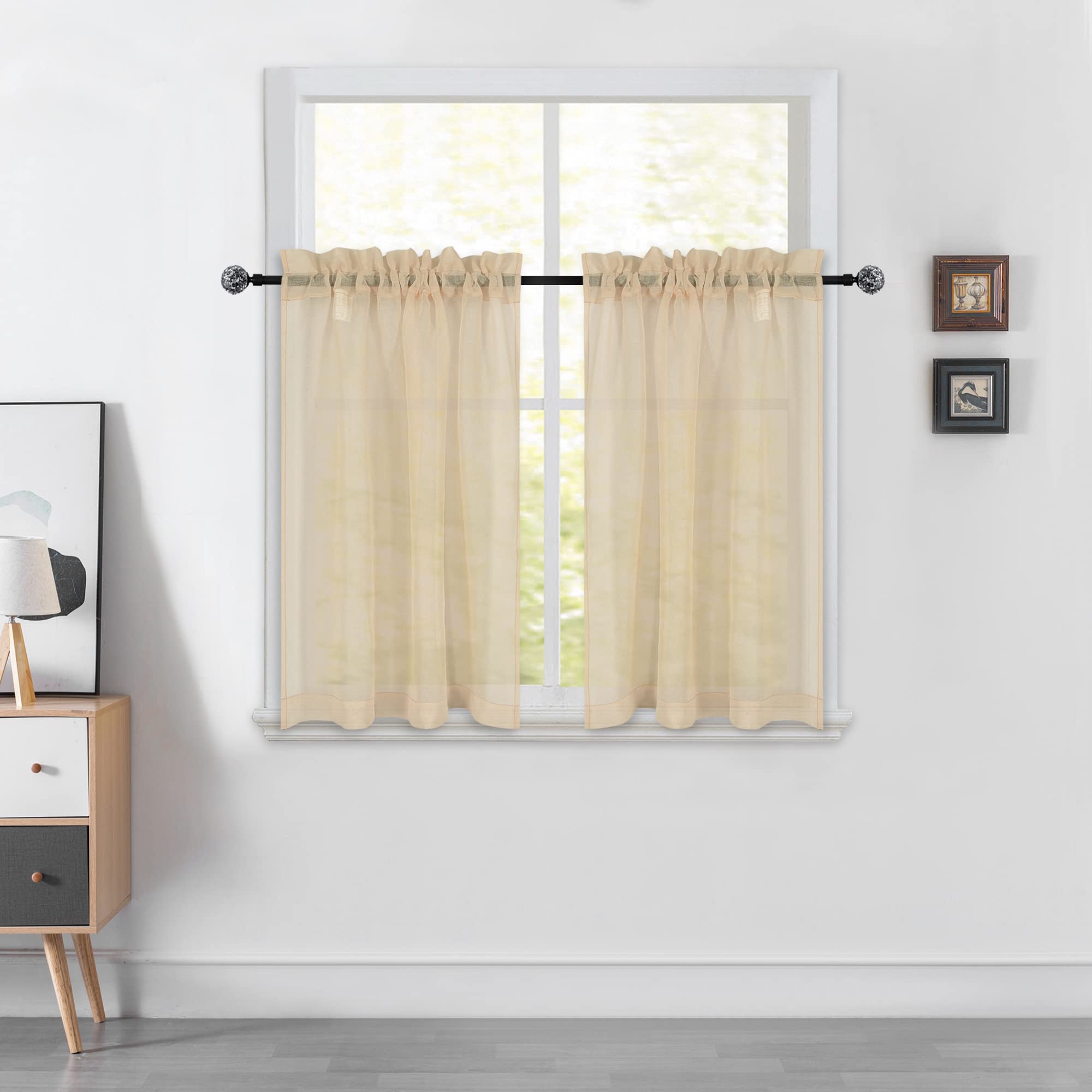 Dualife Taupe Sheer Curtains 36 Inch Length - 2 Panels Rod Pocket Semi-Sheer Kitchen Curtains, Light Brown Faux Linen Window Treatment for Privacy & Sun Filtering (34x36 Inches) - Perfect for Kitchens, Bathrooms & Small Windows