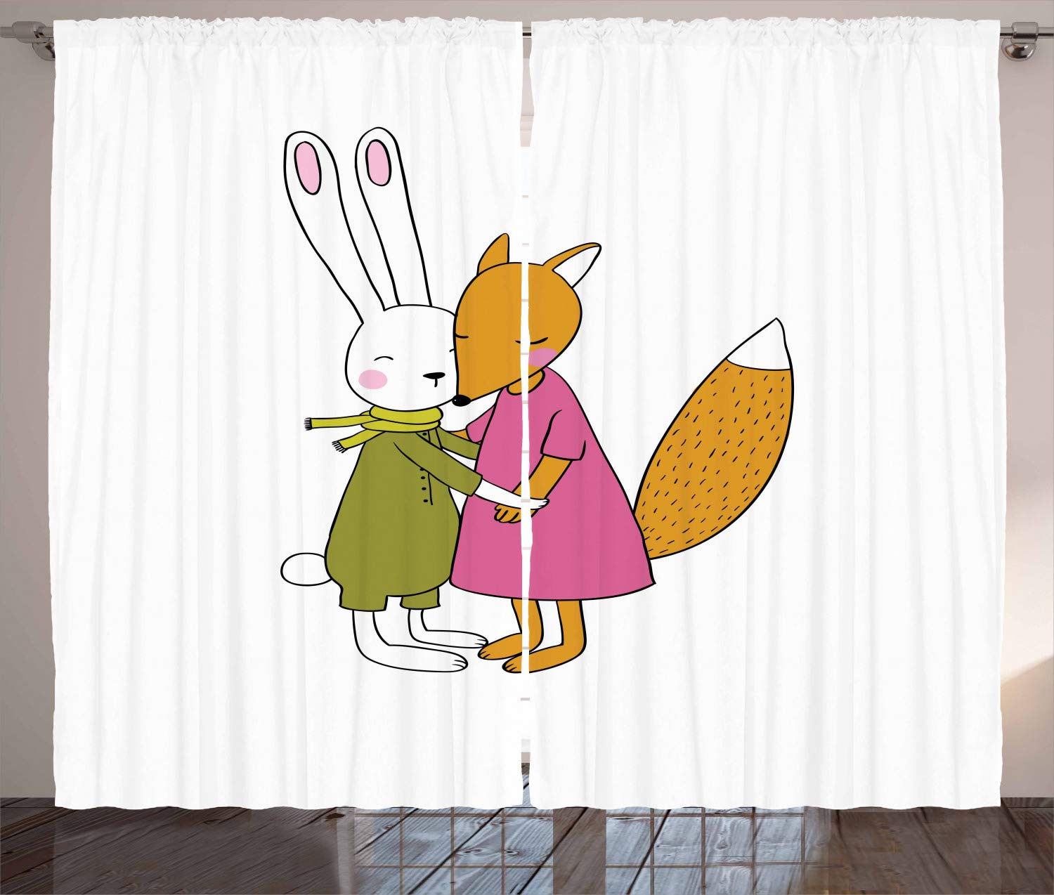Ambesonne Animal Print Curtains - Fox and Hare Forest Wildlife Design, 2 Panel Set for Living Room & Bedroom, 108