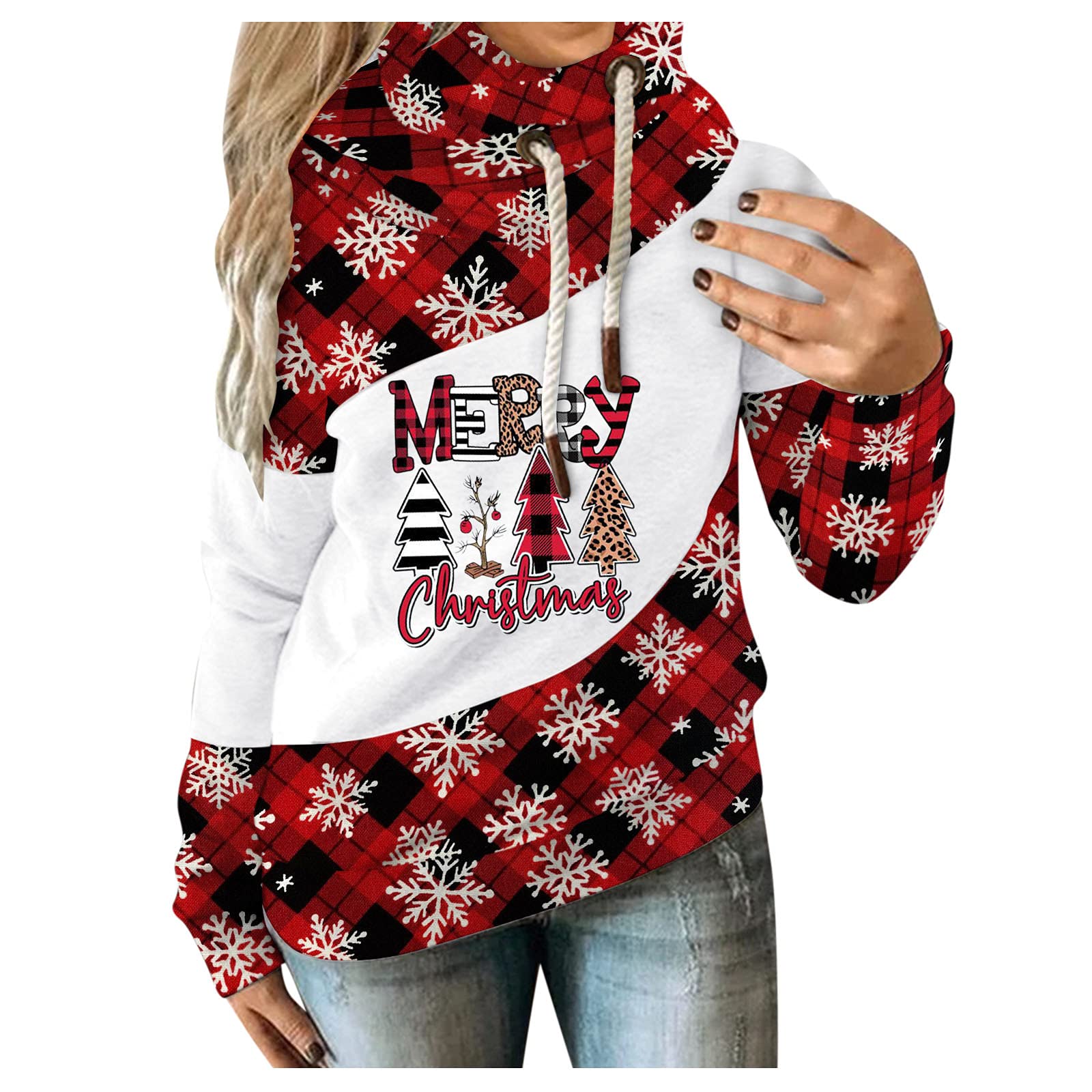 Women's Casual Long Sleeve Hoodie with Printed Contrast Straps & Splice Design - Comfortable Pullover Sweatshirt for Everyday Wear, Workouts, and Outdoor Activities