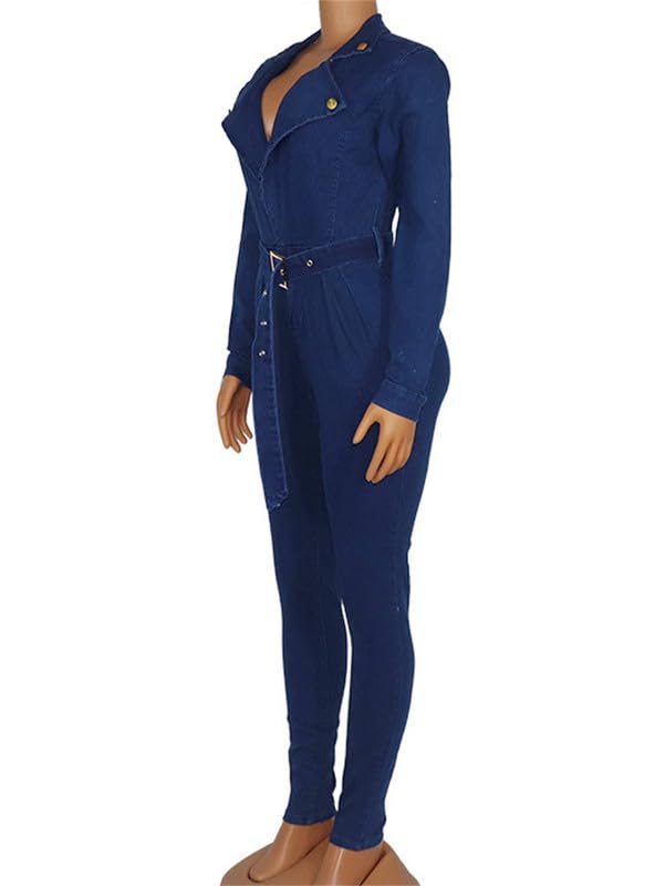 Andongnywell Women's Sexy Slim Fit Denim Jumpsuit with Long Sleeves & Pockets - Casual Outfit for Date Night, Party & Streetwear Fashion