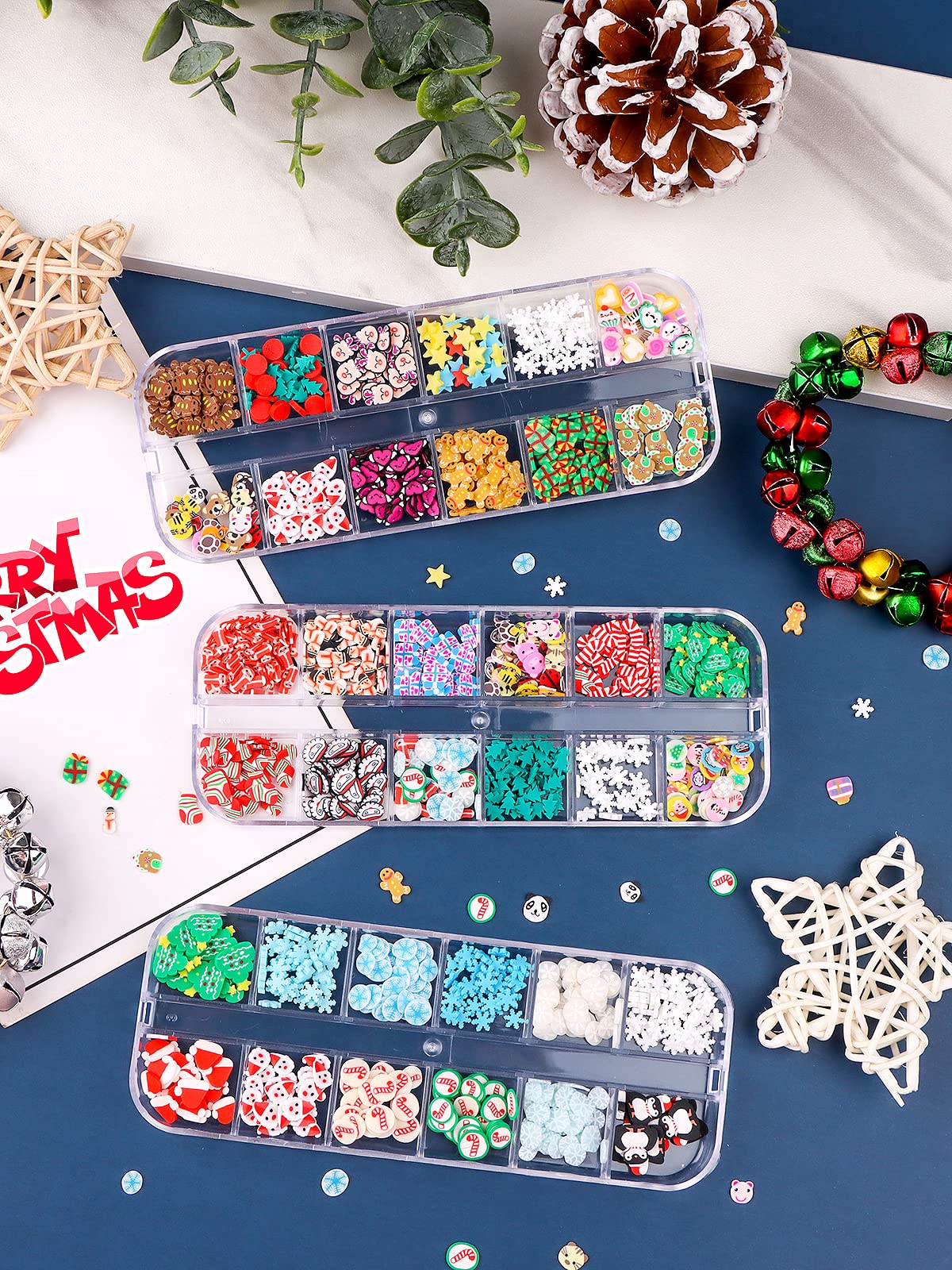 Lorvain 36 Grids Christmas Nail Art Slices - 3D Nail Flake Charms with Hearts, Stars, Snowflakes & Santa Designs | DIY Nail Sequins for Women & Girls | Perfect for Holiday Nail Art, Face & Body Decoration (3-Pack Box Set)