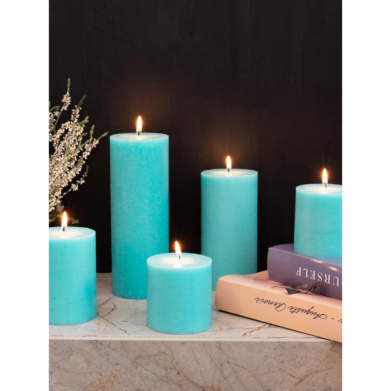CANDWAX 3x6 Inch Pillar Candles Set of 3 - Unscented No Drip Decorative Rustic Candles for Weddings & Home Decor - Turquoise Blue Large Candles for Centerpieces, Fireplace Mantel, and Tabletop Displays