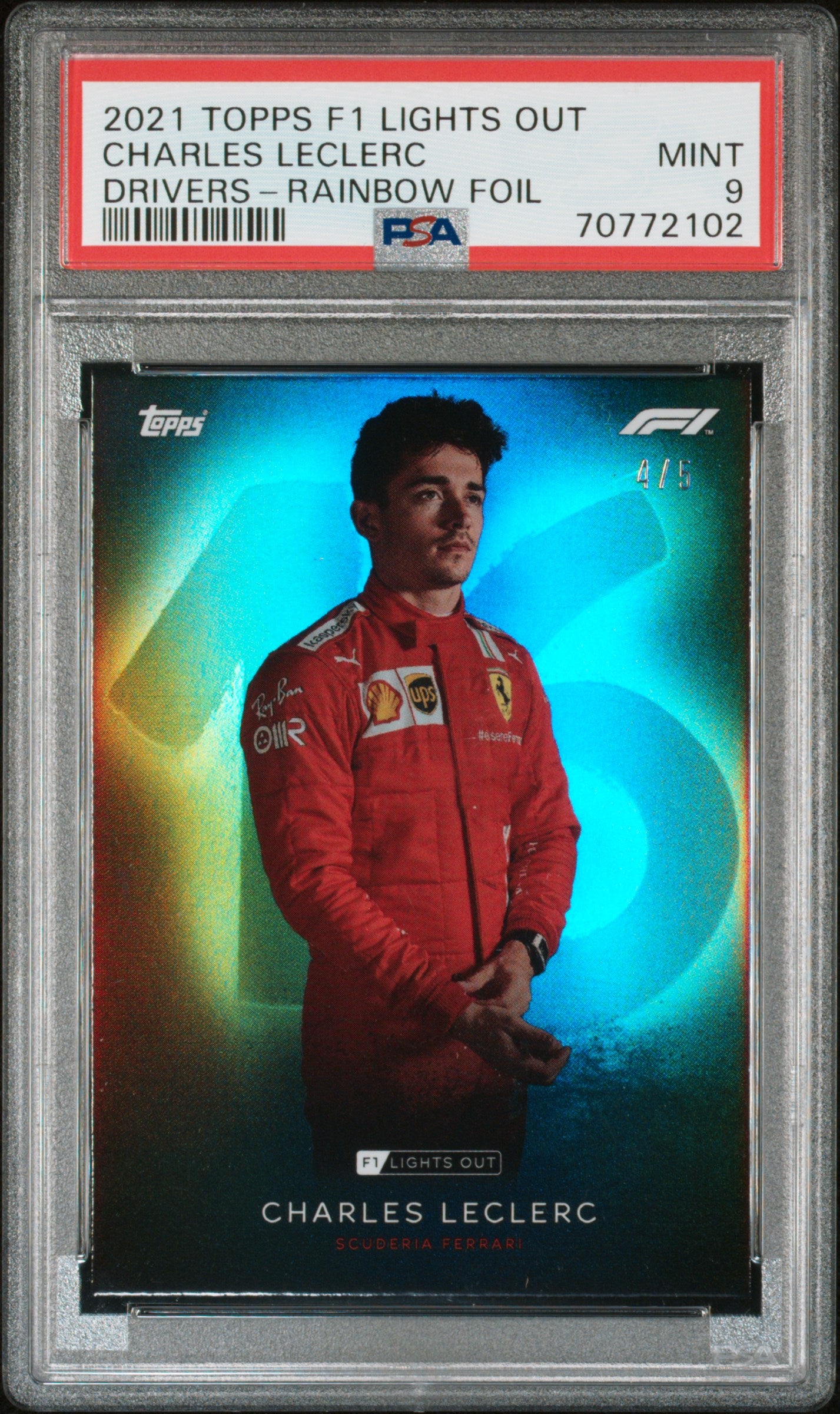 PSA 9 Graded 2021 Topps Lights Out F1 Charles Leclerc Rainbow Foil Card - Rare Collectible for F1 Fans, Racing Memorabilia & Sports Card Investors