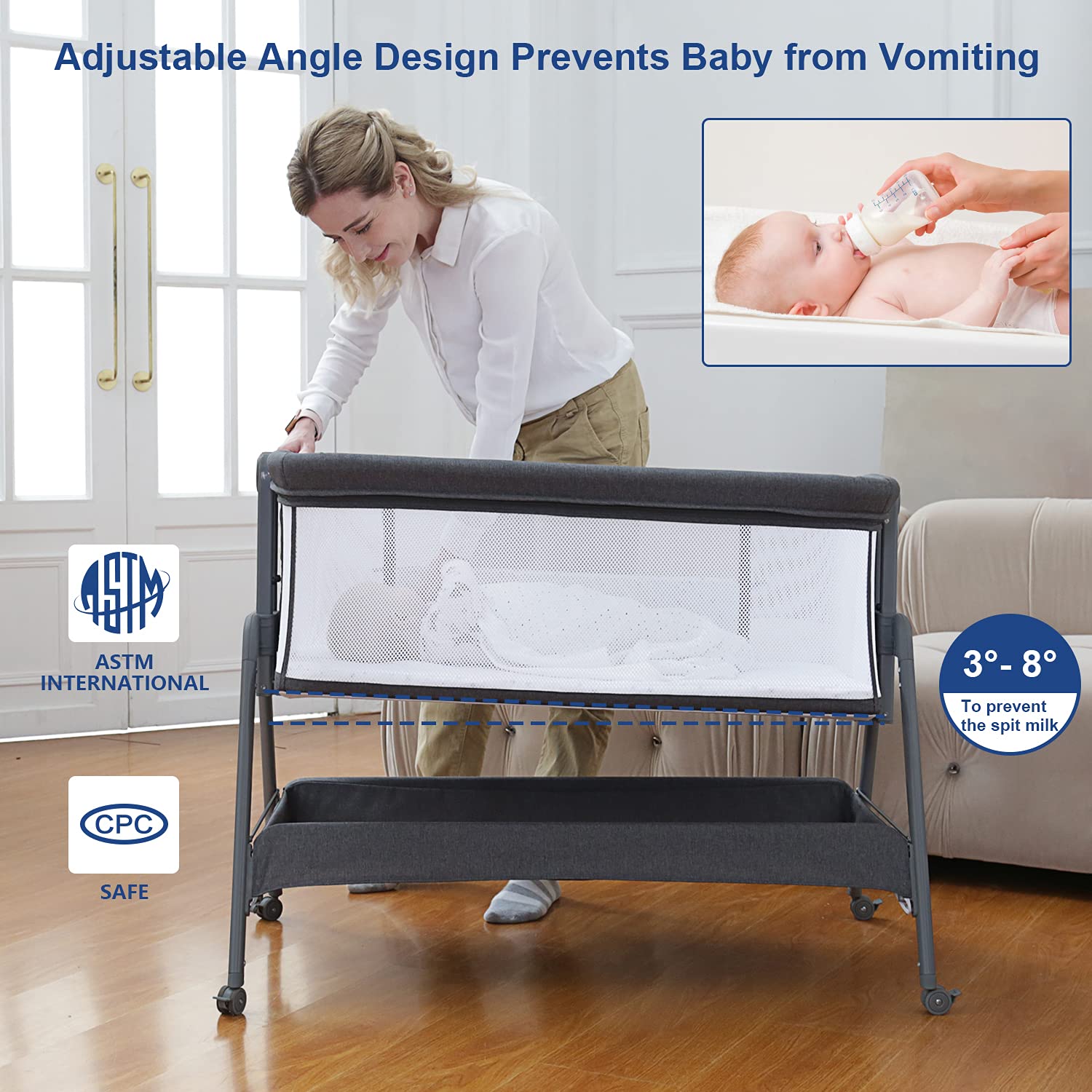 **ANGELBLISS Baby Bassinet Bedside Crib with Storage Basket & Wheels - Adjustable Height, Portable & Foldable Newborn Sleeper for Nursery, Travel & Co-Sleeping**