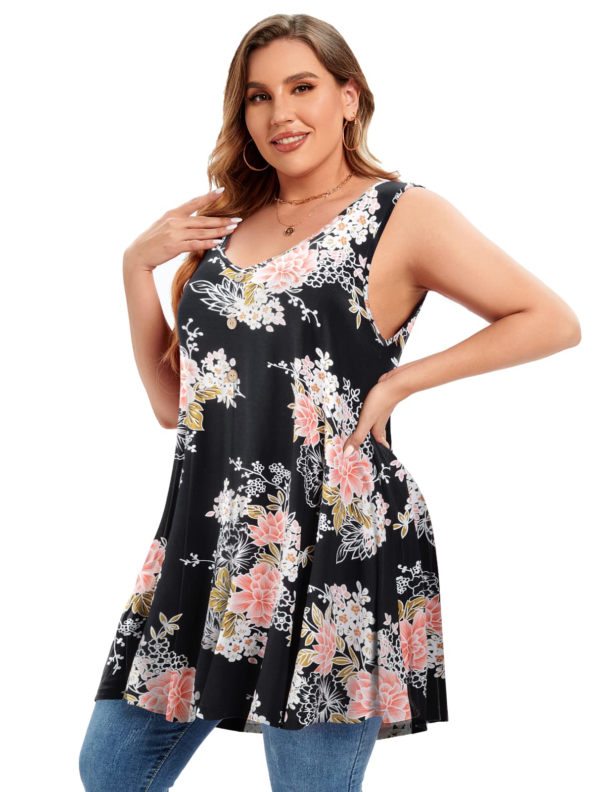 Plus Size Women's V Neck Button Down Tank Top - Casual Flowy Sleeveless Summer Tunic Shirt for Beach, Vacation & Everyday Wear