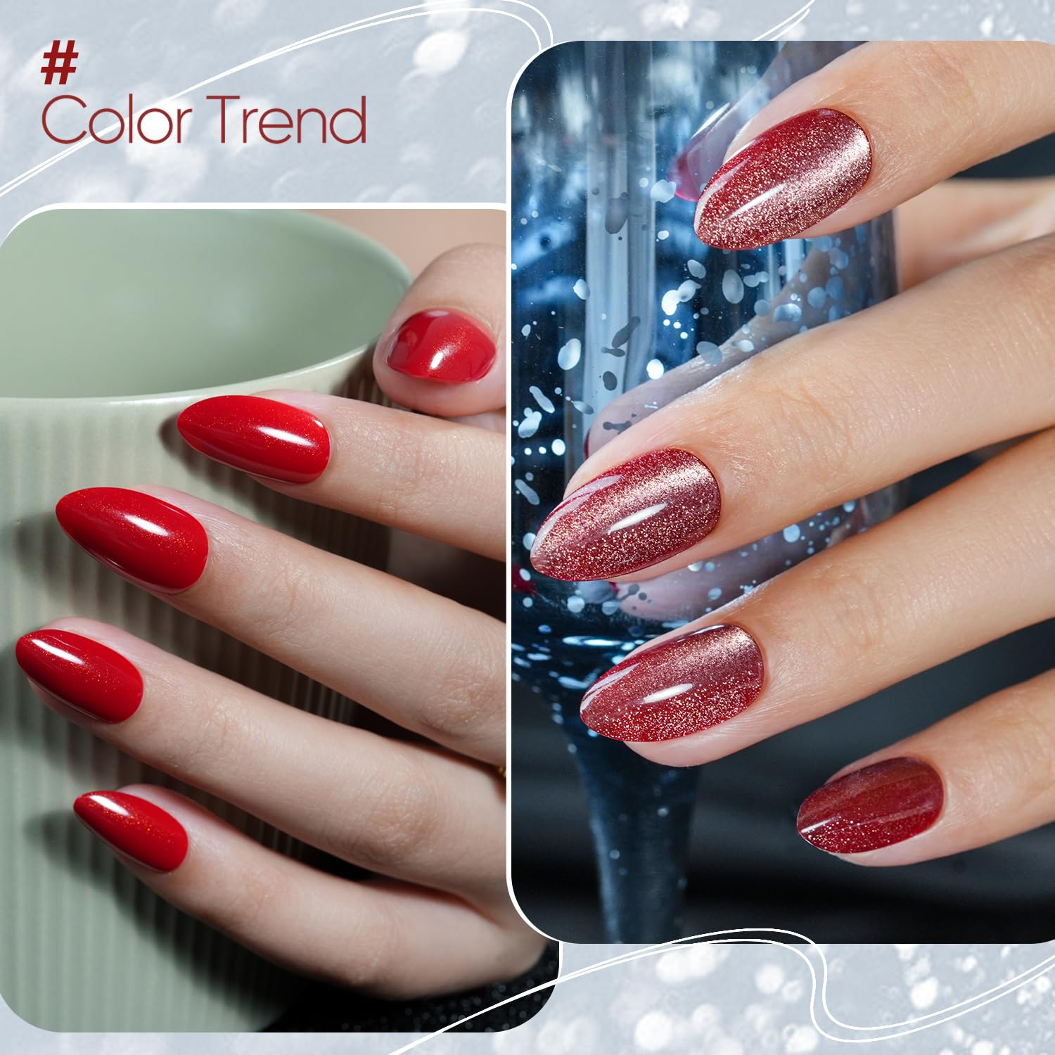 Jofay Fashion Short Almond Press on Nails - 5 Styles Valentines Red Cherry Glaze Glitter Acrylic Fake Nails, Reusable Full Cover Stick on Nails for Women, 32 Sizes - Perfect for Parties, Dates & Special Occasions