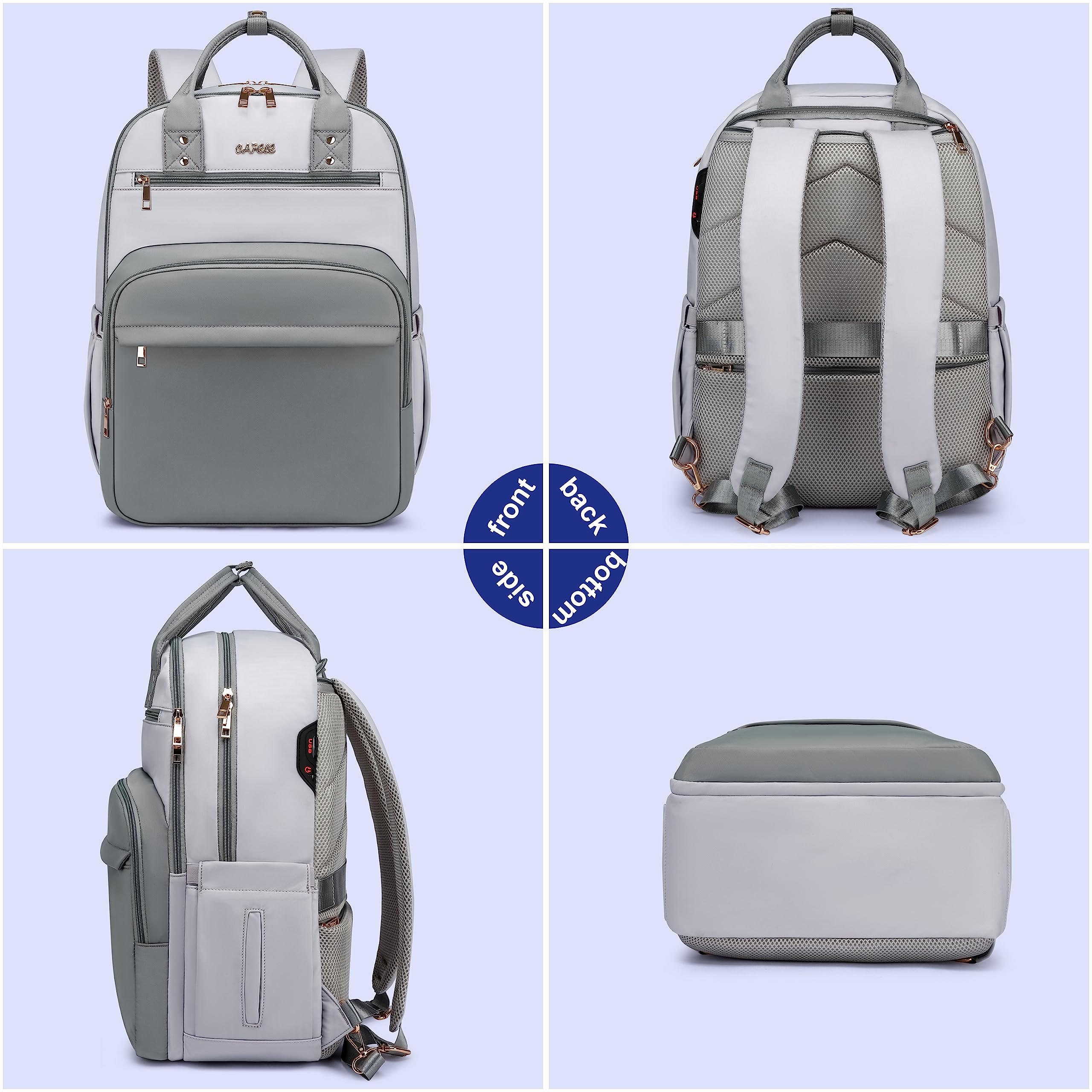 Stylish 17.3 Inch Waterproof Anti-Theft Laptop Backpack for Women - USB Charging Port, Grey-White - Perfect for Work, Travel, Nursing & Teaching Professionals
