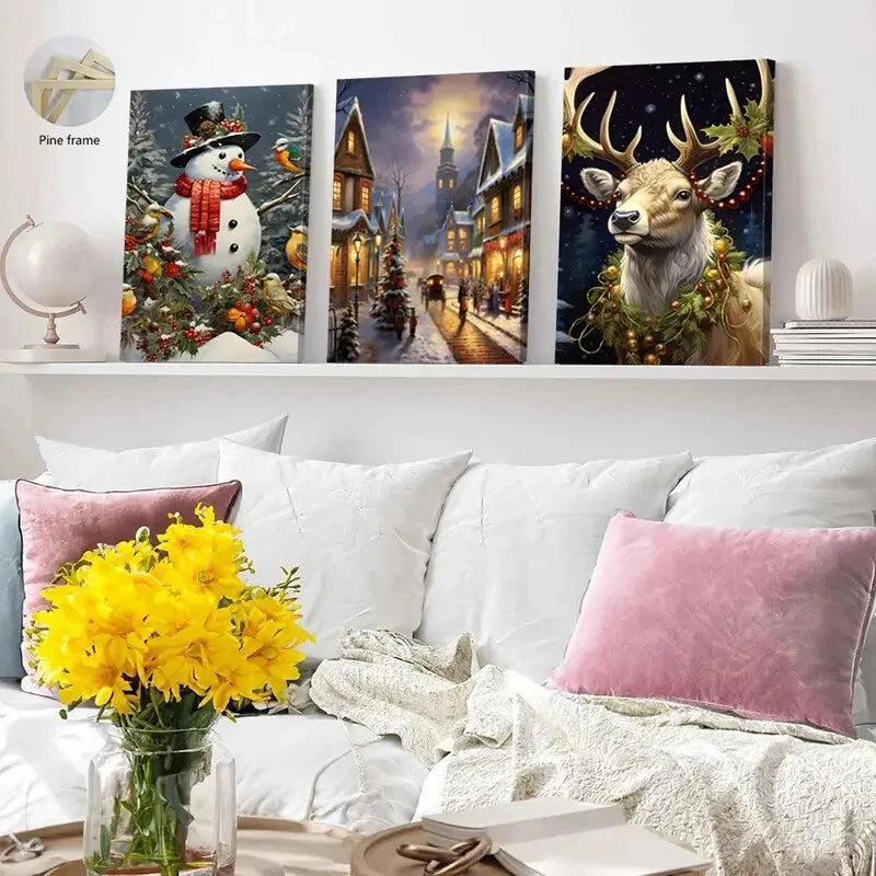3-Piece Winter Scenes Snowmen Wall Art Set - Framed Canvas 50x70cm (20x28in) - High Quality Print - 100% Australian Made - Ready to Hang - Perfect for Living Room, Bedroom & Office Decor